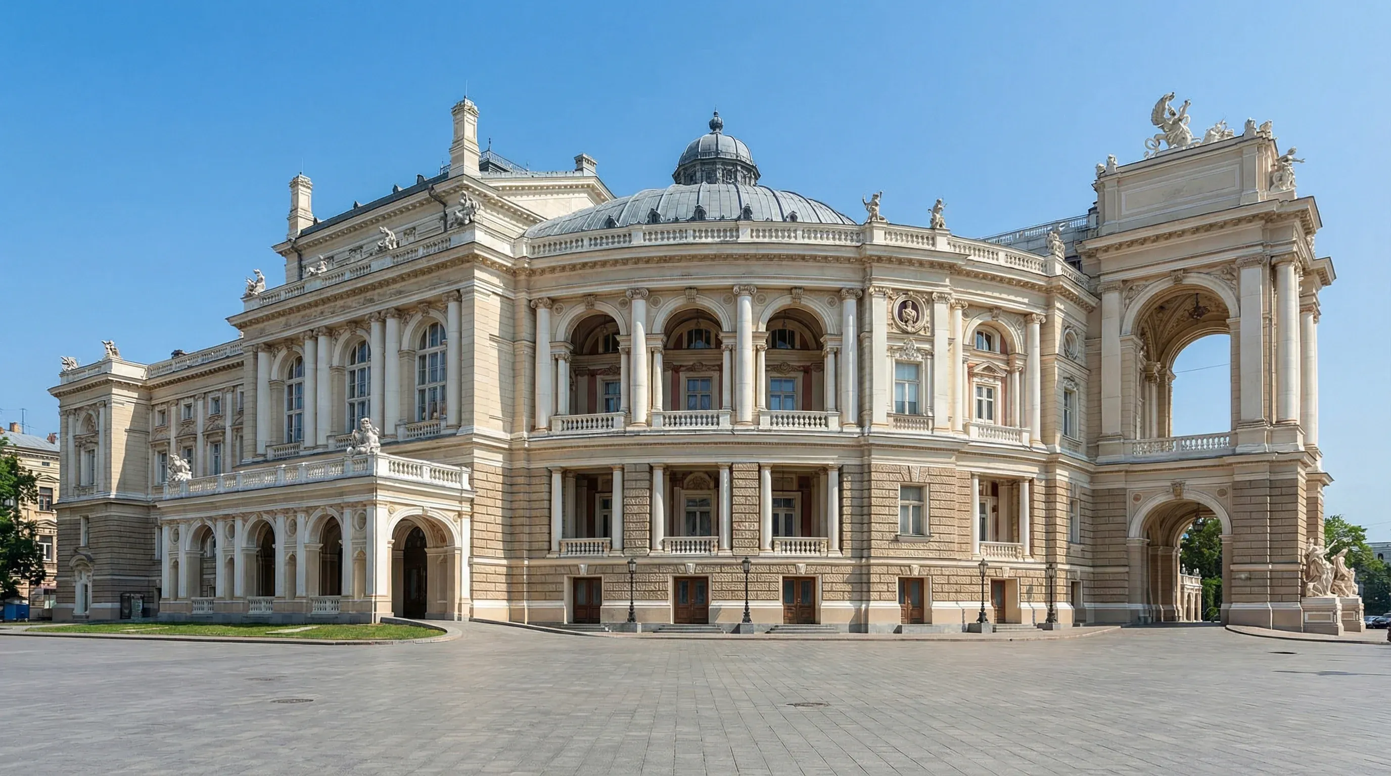 The grand Neo-Baroque facade of the Odesa Opera and Ballet Theater under a bright sun and clear sky.
