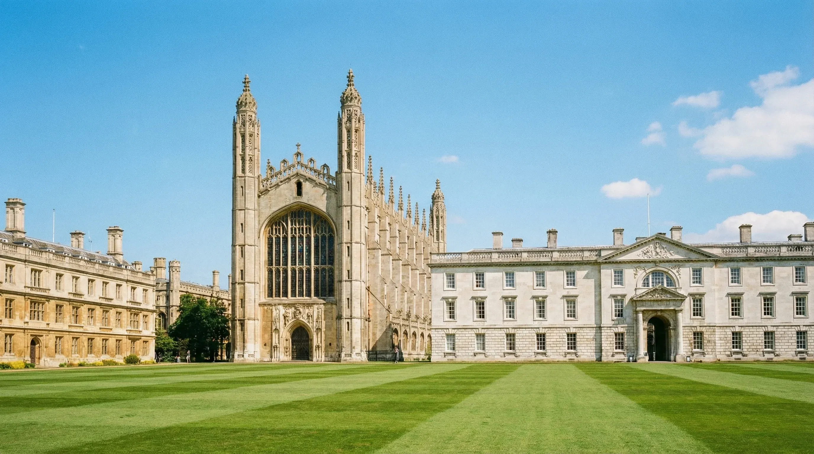 The Gothic architecture of King's College Chapel and its green lawn in Cambridge, England, on a sunny day.