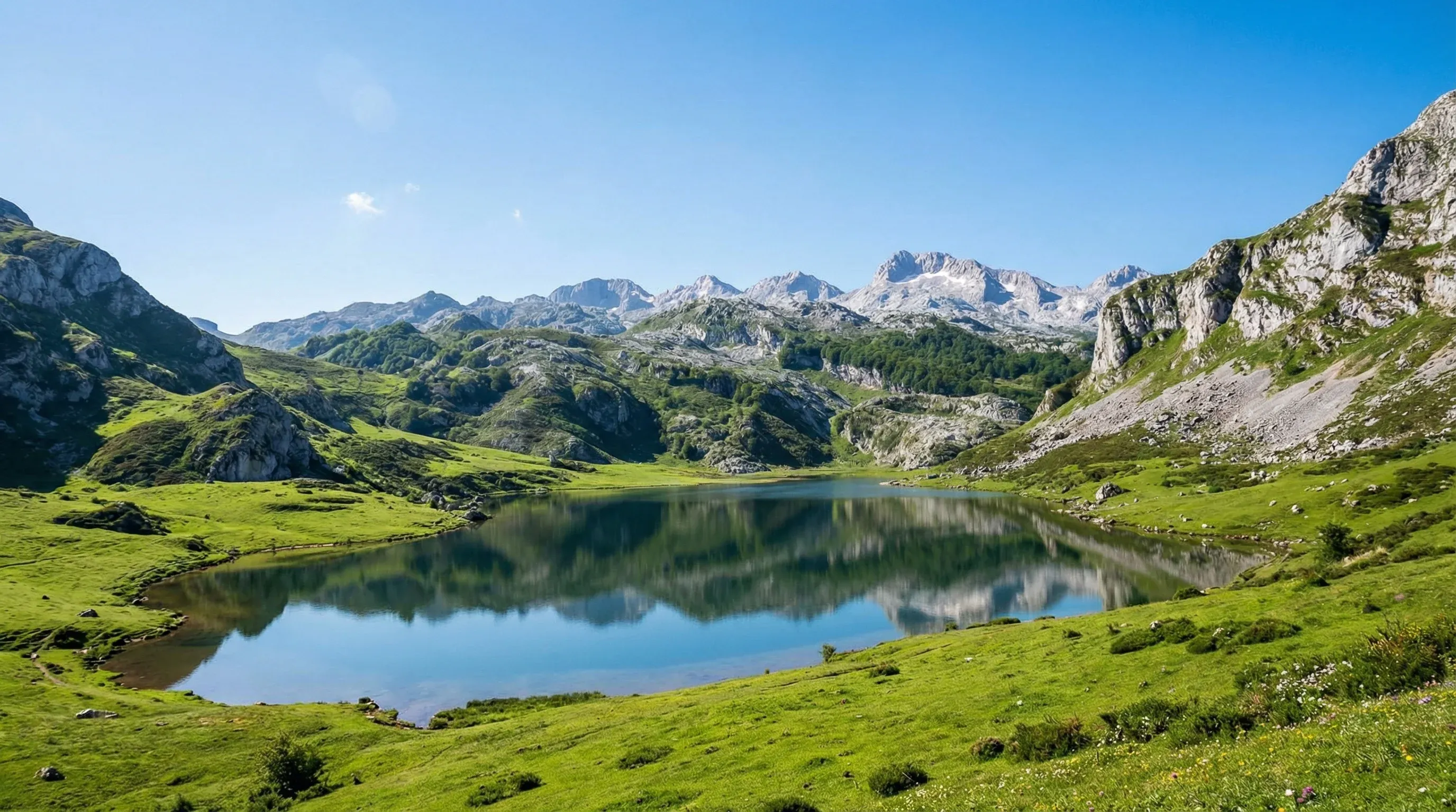 Lake Enol in the Picos de Europa mountains surrounded by green hills and limestone peaks under a blue sky.
