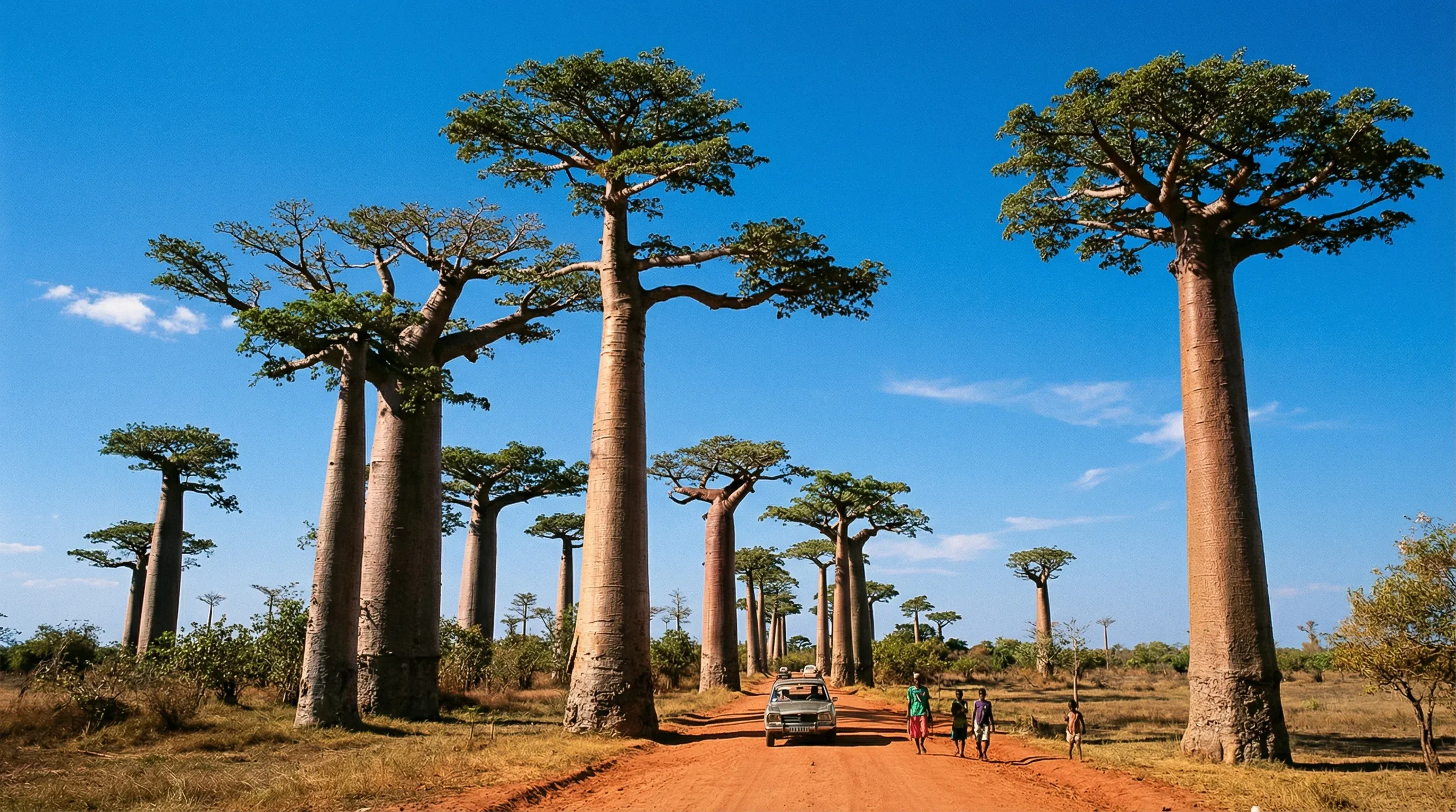 A view of the famous Avenue of the Baobabs, featuring massive ancient trees lining a dirt road under a clear sky.