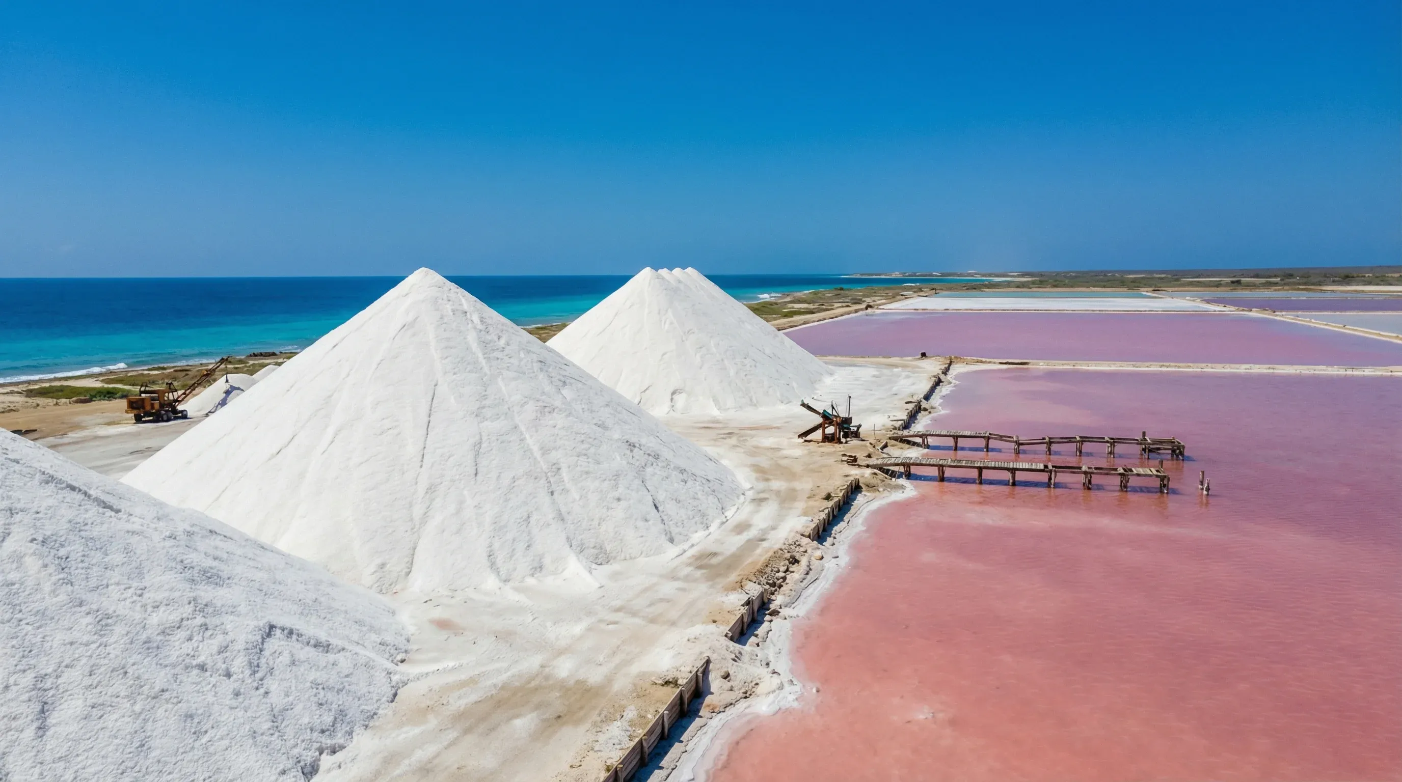 Large white salt pyramids beside pink evaporation ponds under a clear blue sky in southern Bonaire.