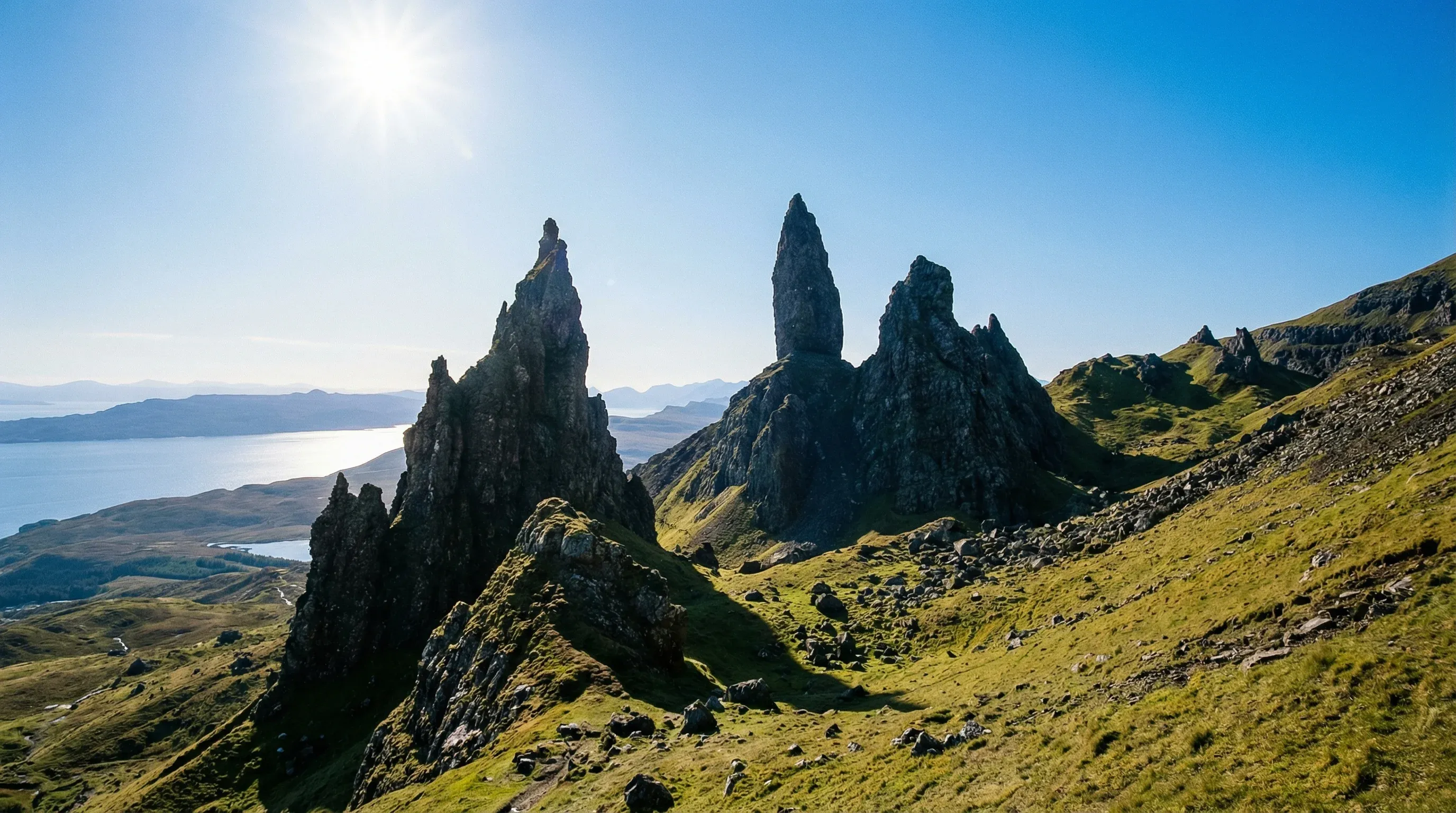 The jagged rock formation of the Old Man of Storr on the Isle of Skye under a clear blue sky.