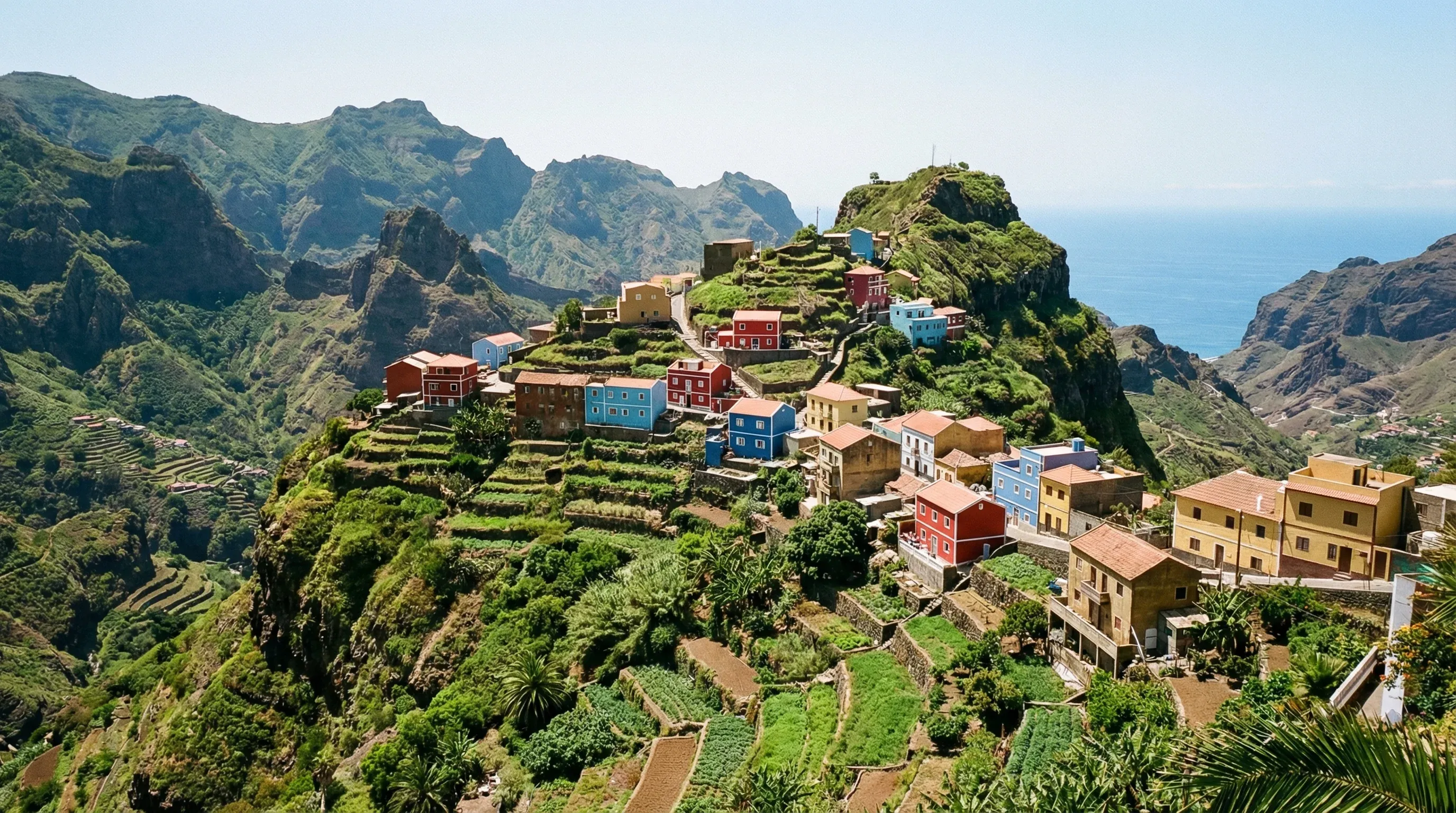 Colorful houses of Fontainhas village are built onto a steep, green mountain ridge overlooking the ocean in Santo Antão.