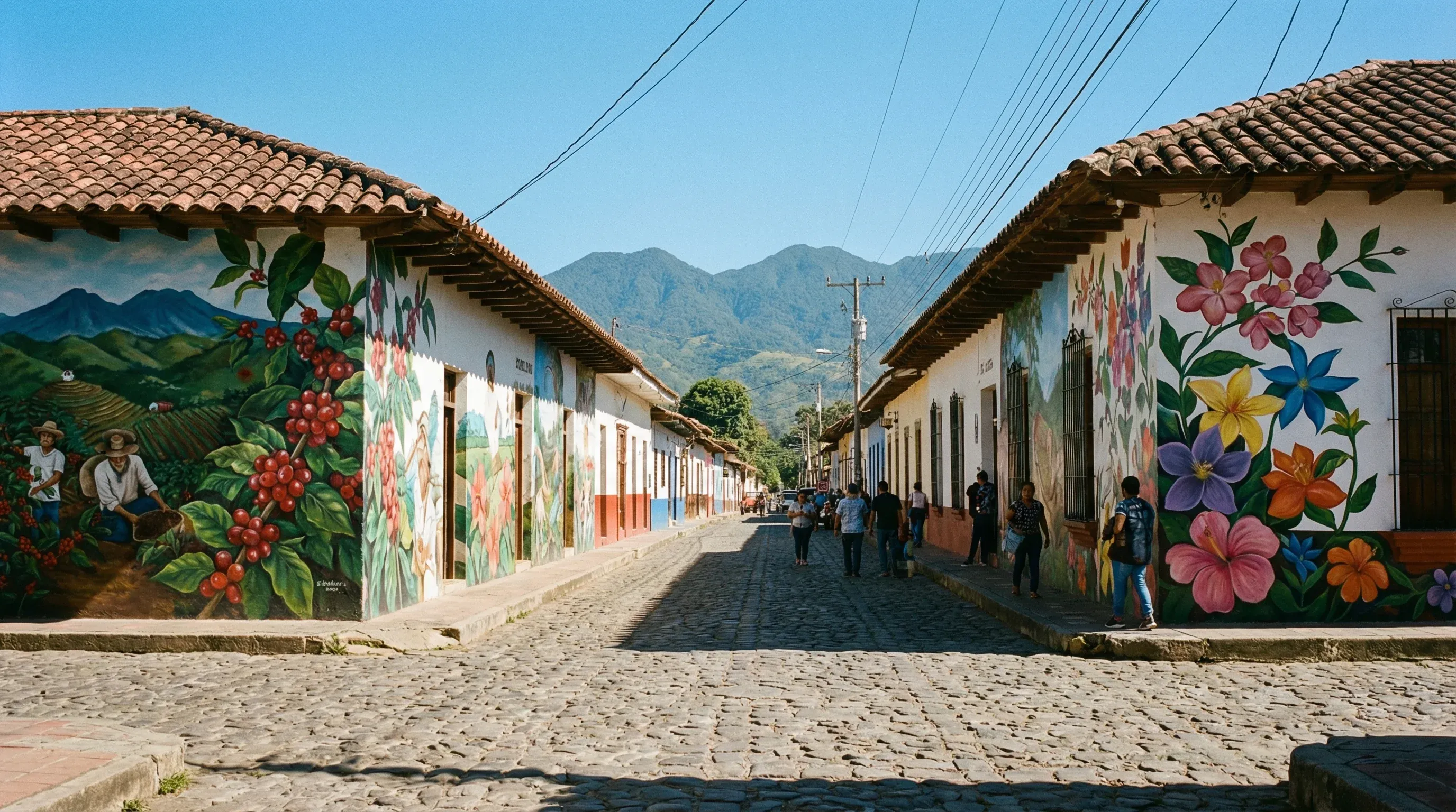 A cobblestone street in Concepción de Ataco featuring colonial buildings with colorful murals and distant green mountains.