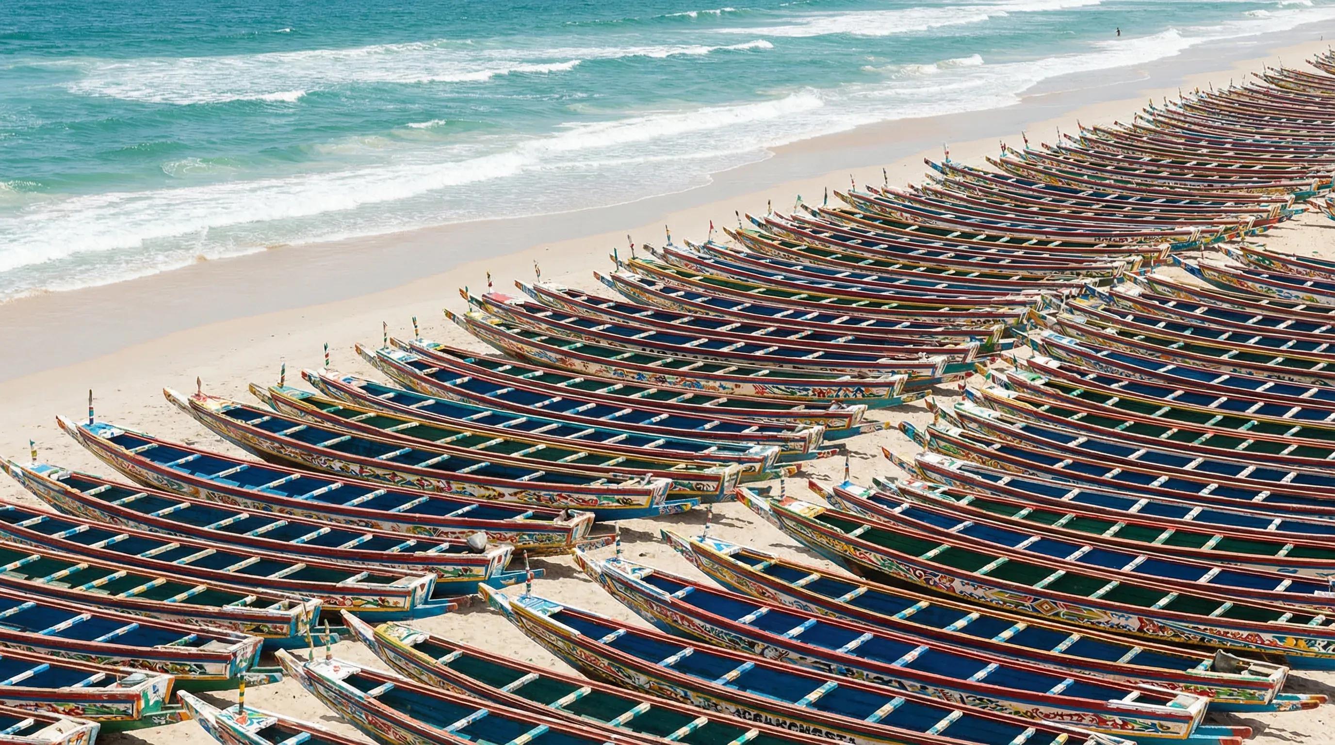 Rows of hundreds of brightly hand-painted wooden fishing boats lined up on a sandy beach next to the Atlantic Ocean in Nouakchott.