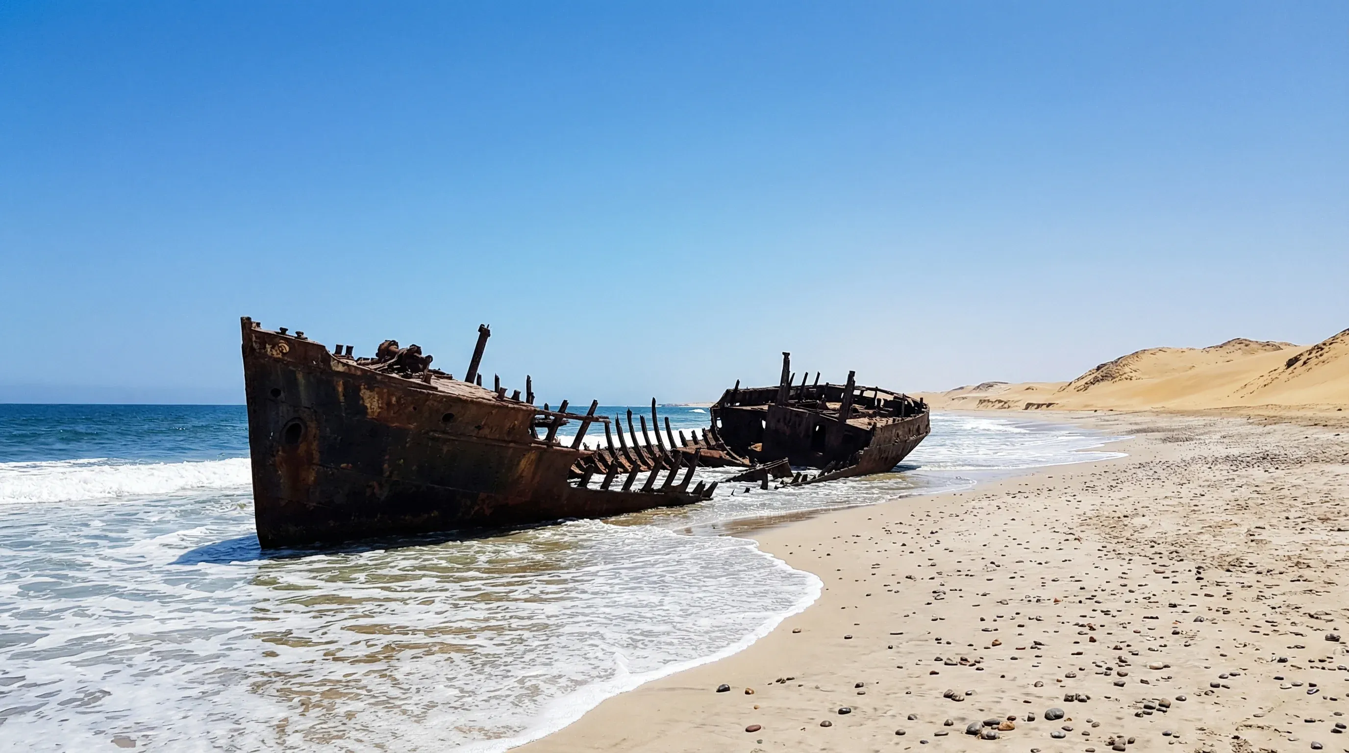 A rusted shipwreck stranded in the Atlantic Ocean surf along the sandy Skeleton Coast beach.