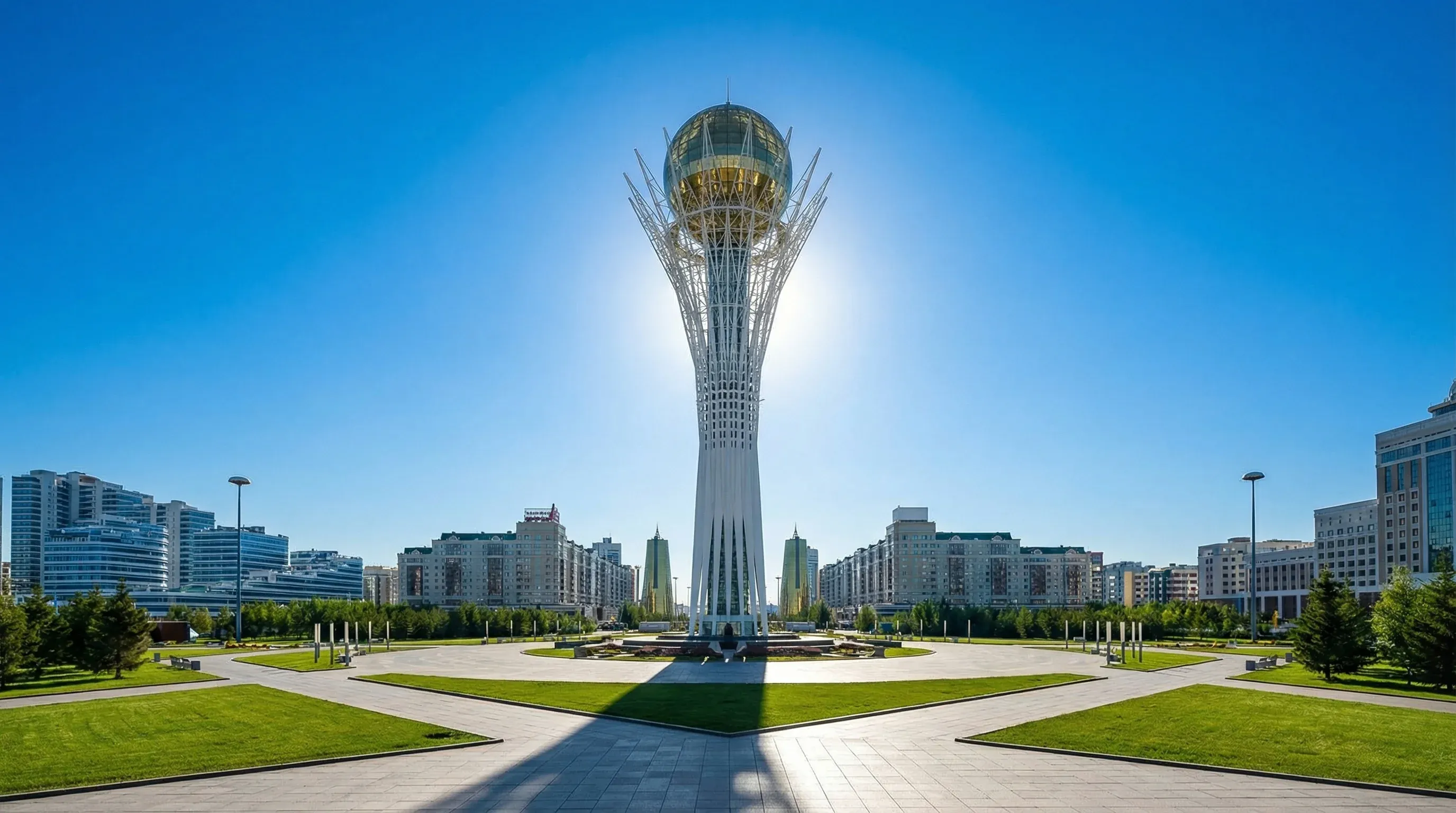 The Bayterek Tower with its golden glass sphere in the center of the modern business district in Astana, Kazakhstan.