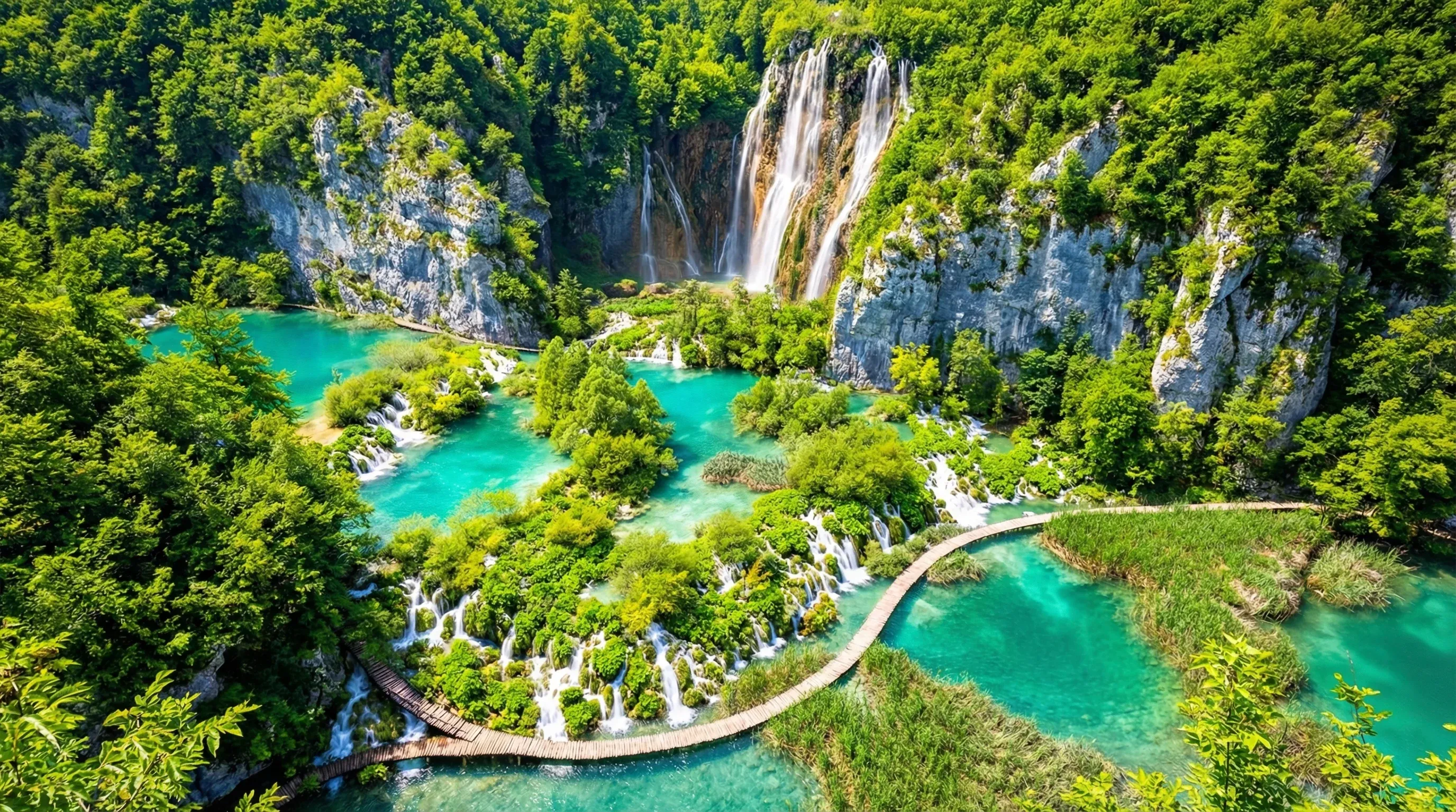 Elevated view of the Great Waterfall and interconnected turquoise lakes with wooden walkways at Plitvice Lakes.