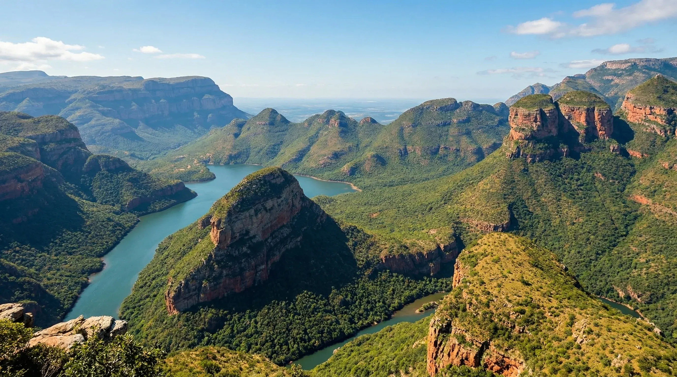 Three large circular rock formations with green peaks overlooking a deep river canyon.
