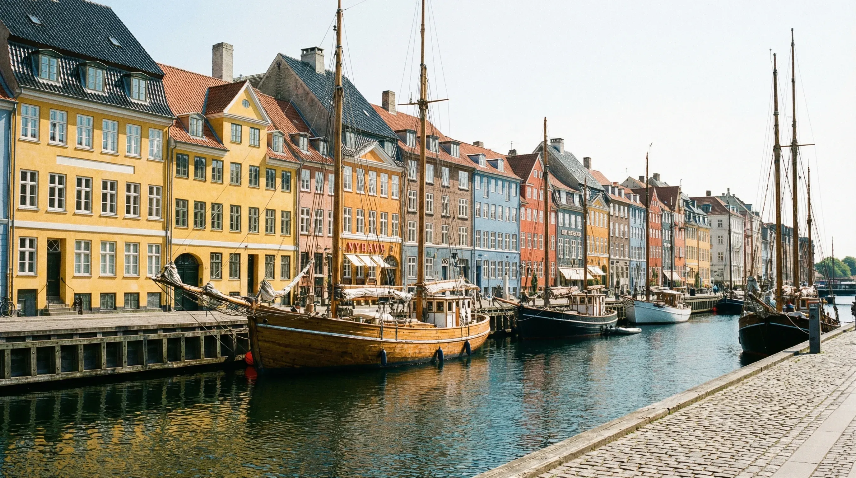 Colorful historic townhouses and wooden sailing ships along the waterfront of the Nyhavn canal in Copenhagen.
