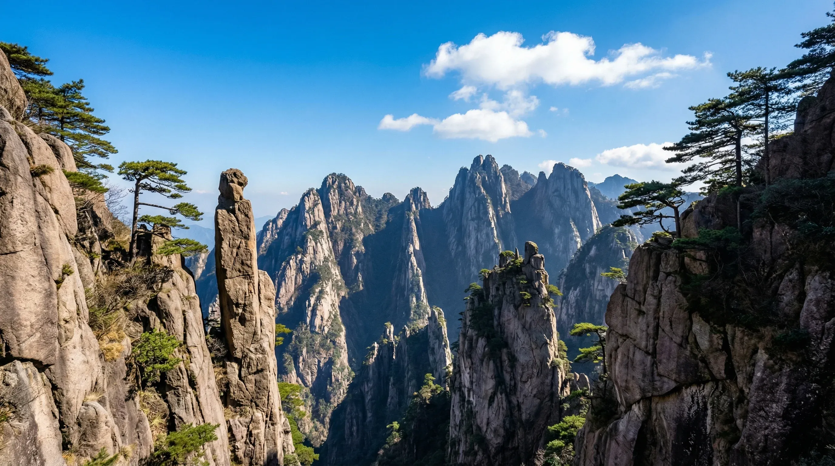 Jagged granite mountain peaks with ancient pine trees under a clear blue sky at Huangshan.