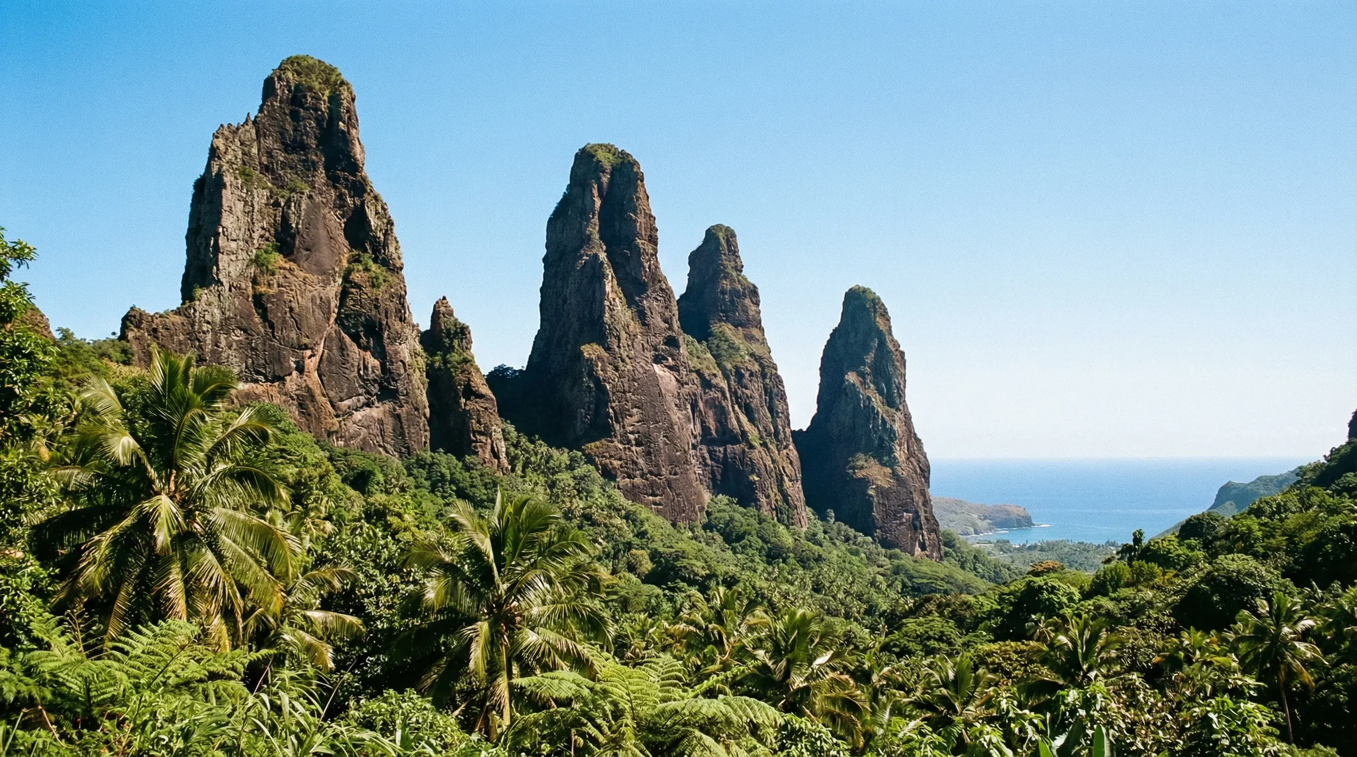 Tall volcanic basalt spires tower over a lush green tropical valley on the island of Ua Pou in the Marquesas.