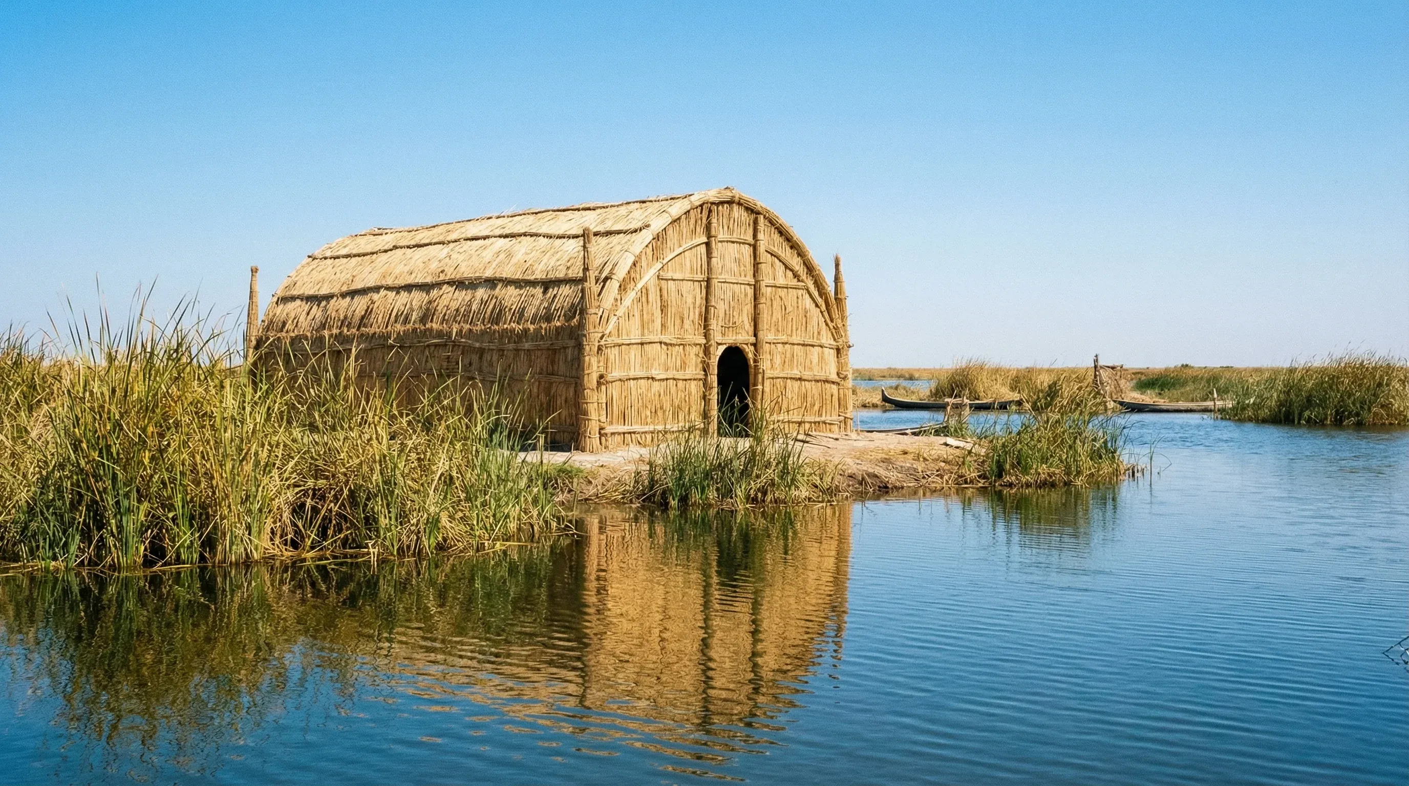 A traditional arched house made of woven reeds situated in a calm wetland with tall grasses.