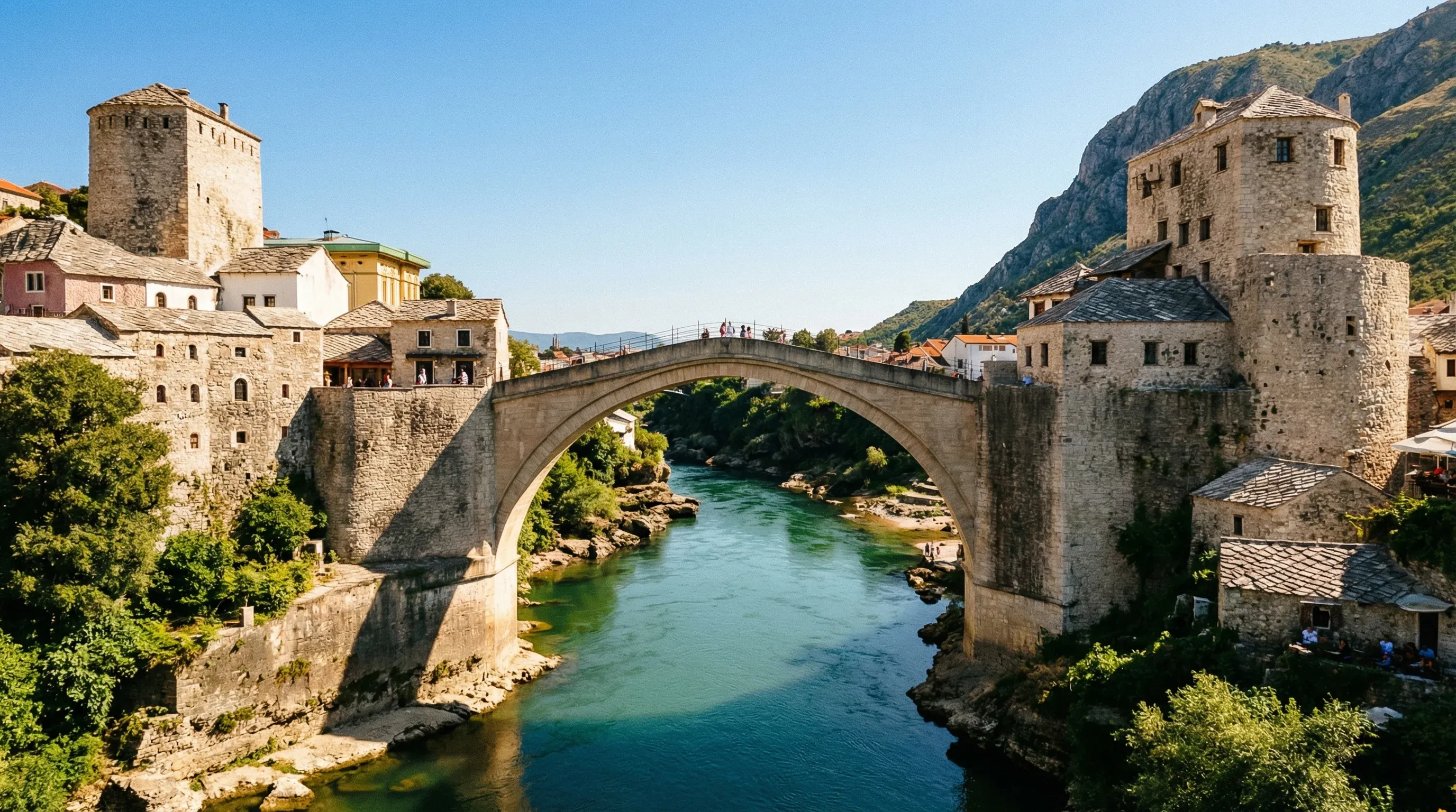 The historic Stari Most stone arch bridge over the emerald Neretva River in the city of Mostar.