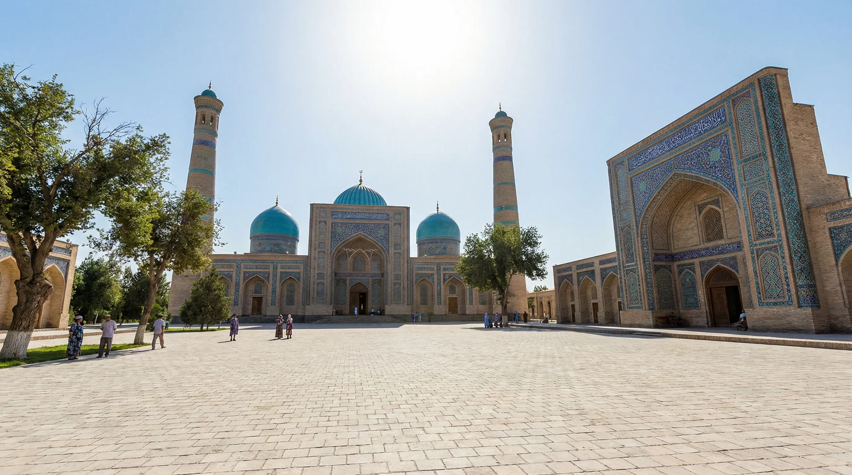 The historic Hazrati Imam Complex with its blue-domed mosque and minarets in Tashkent.