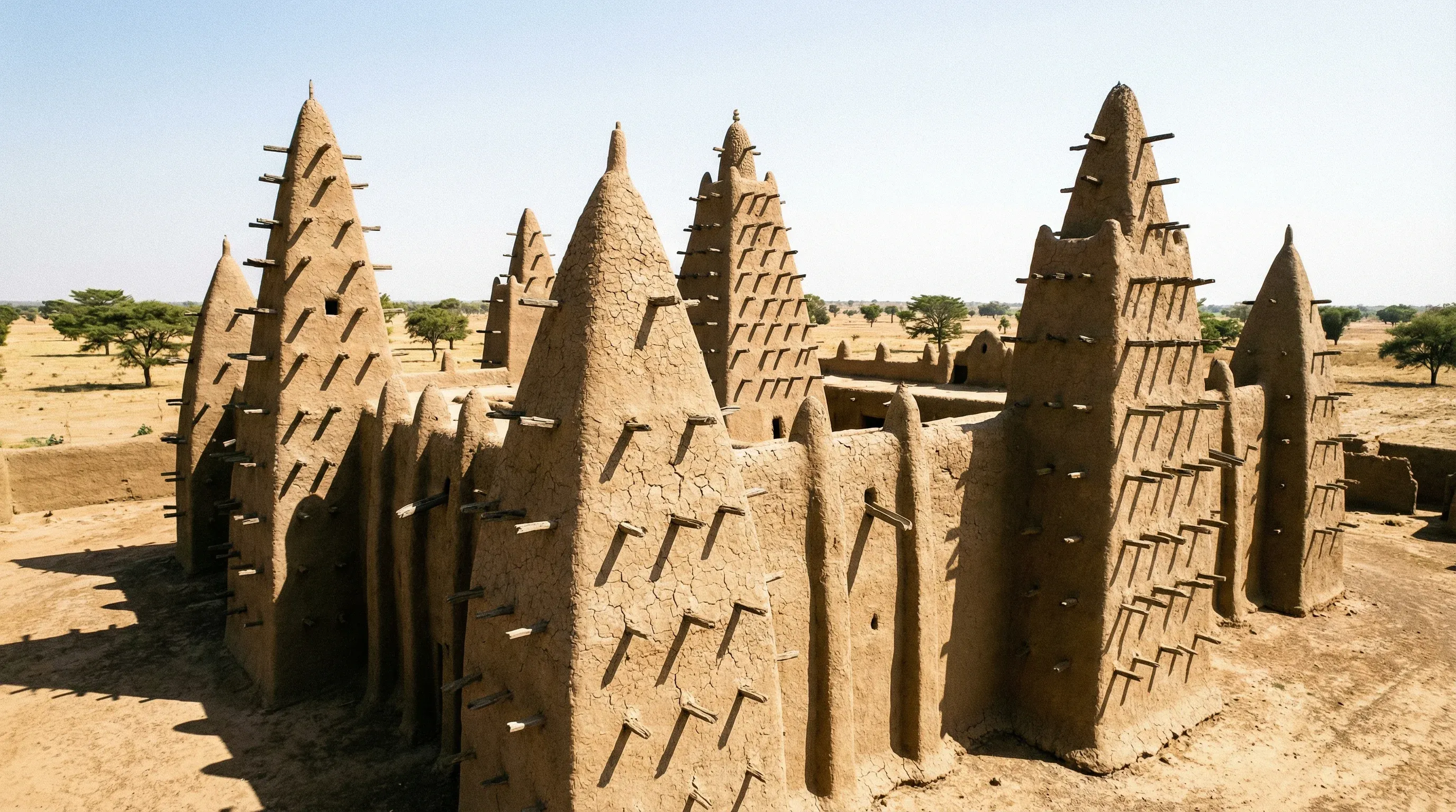 The historic mud-brick Grand Mosque of Kong featuring conical towers and wooden support beams in the northern savannah.