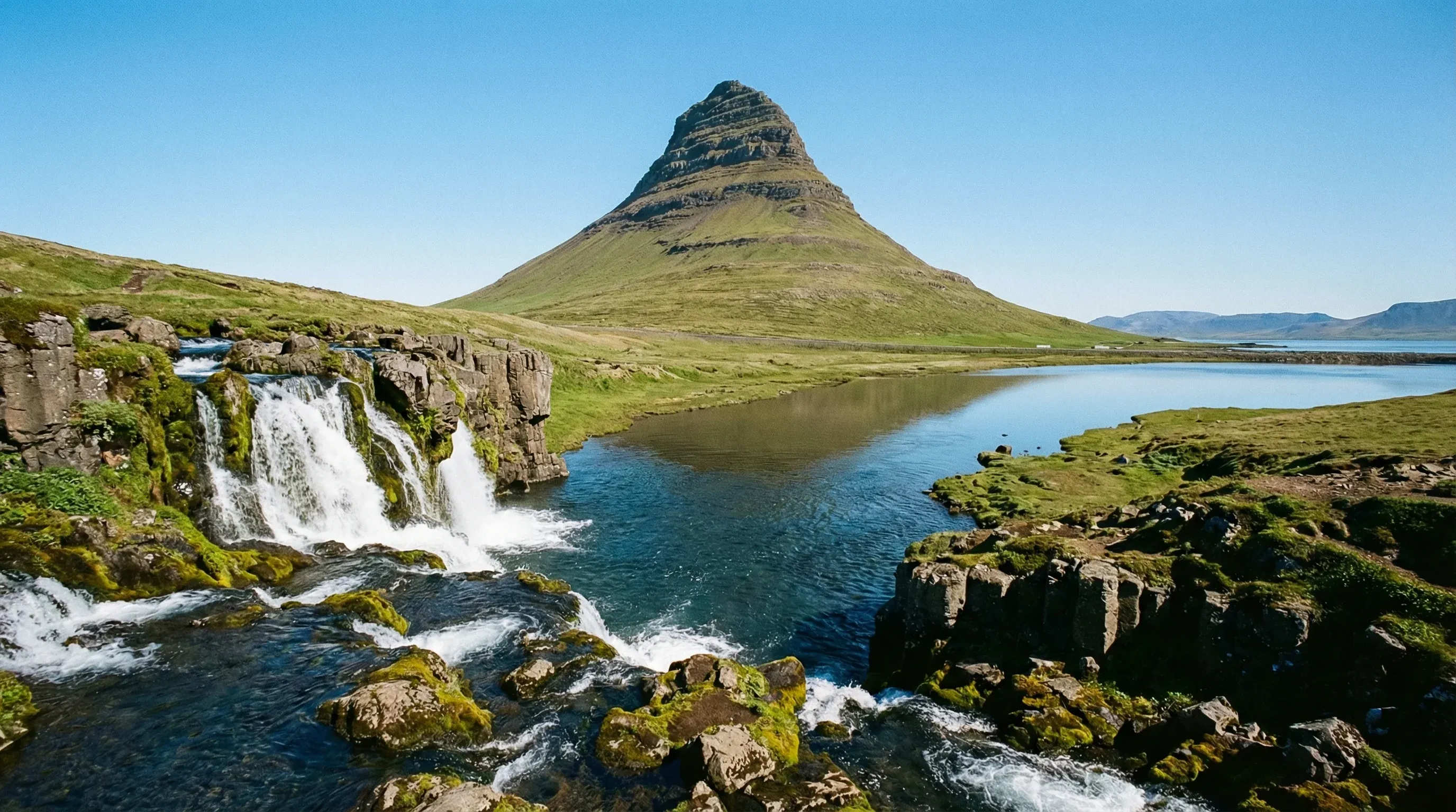 Kirkjufell mountain and its accompanying waterfall on the Snæfellsnes Peninsula in Western Iceland during a clear day.