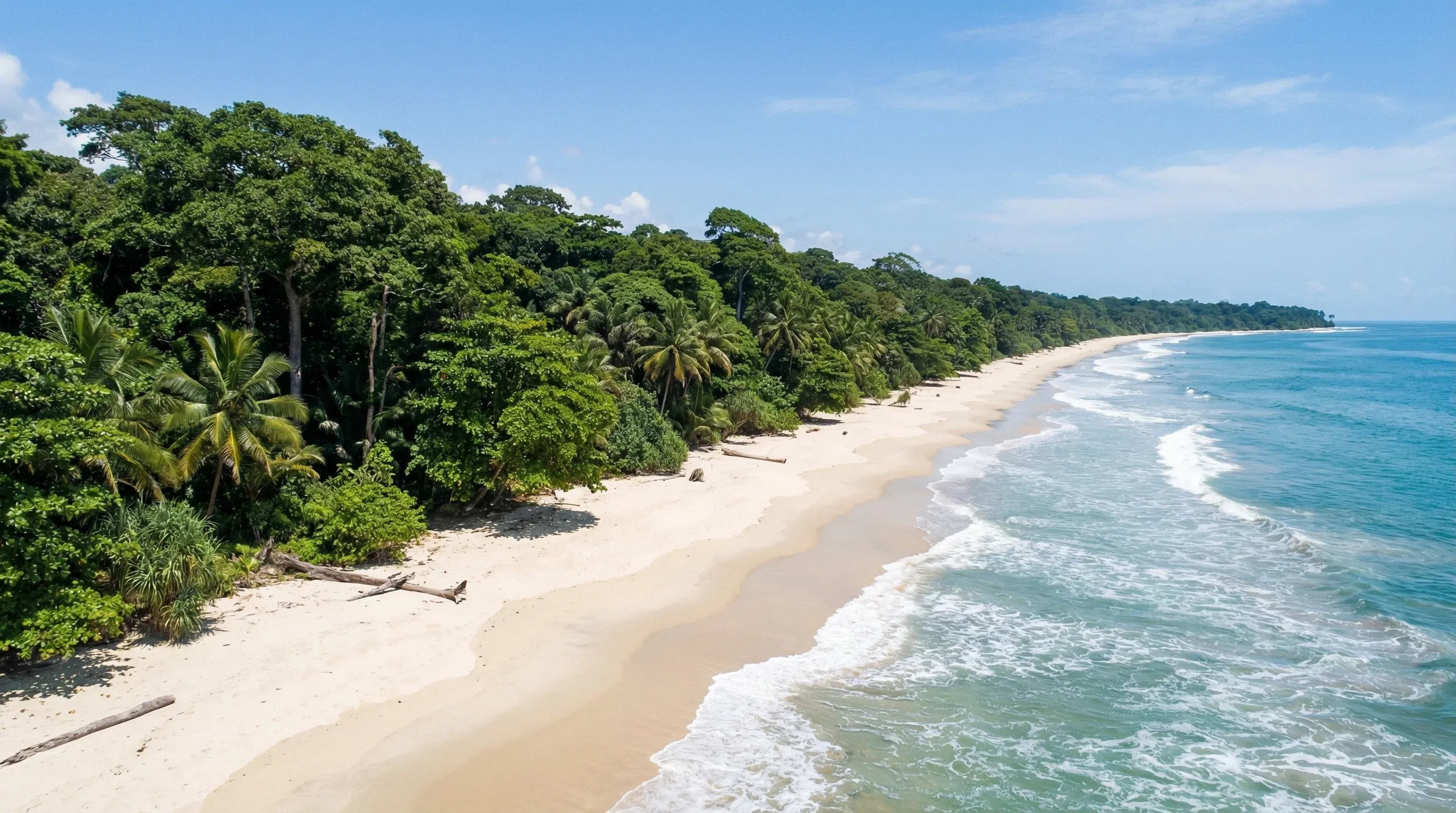 A wide-angle view of the white sand coastline and dense rainforest at Loango National Park, Gabon, under a clear sky.