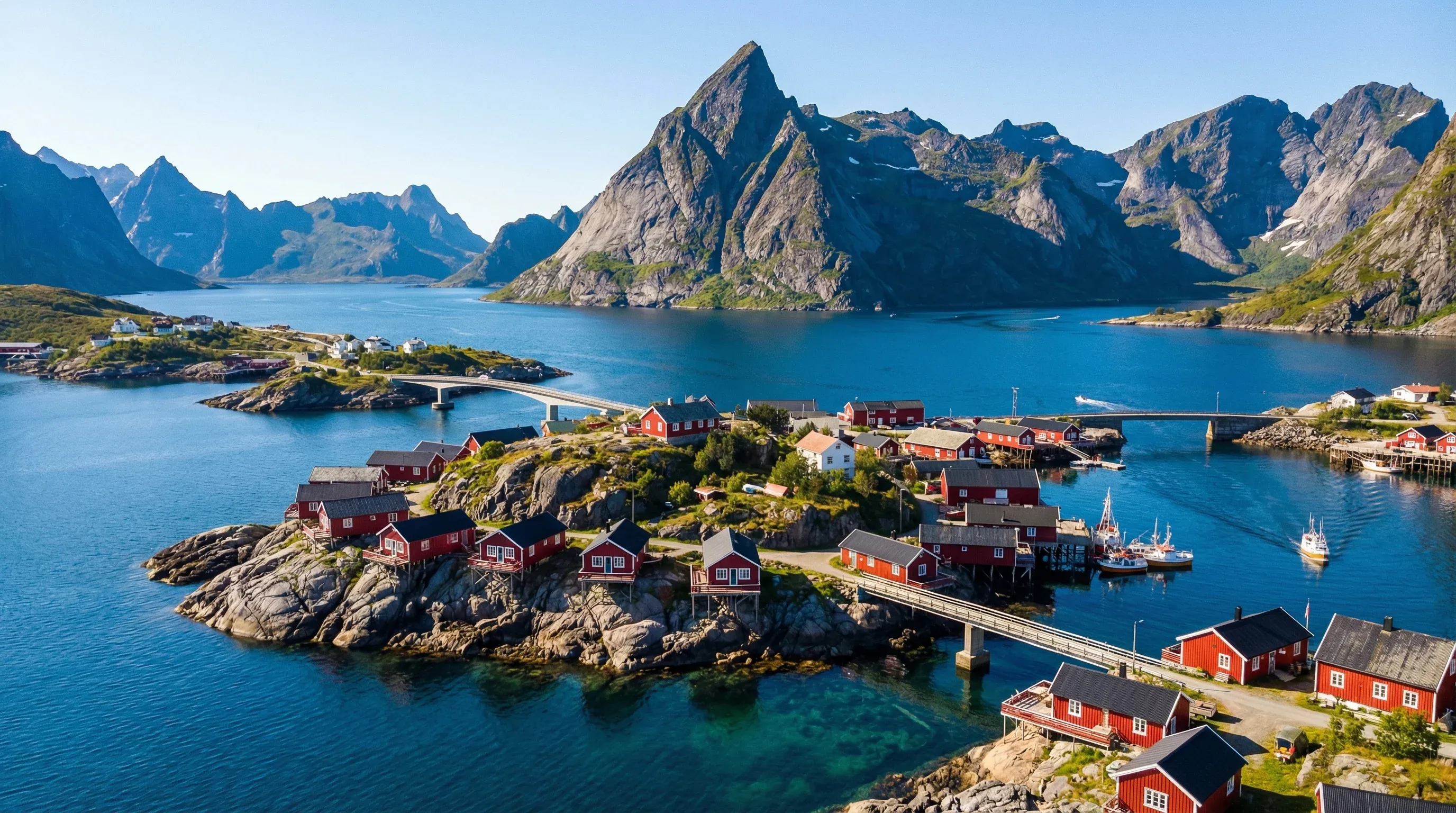 Red wooden fishing cabins on the rocky coast of a blue fjord with jagged granite mountains in the background.