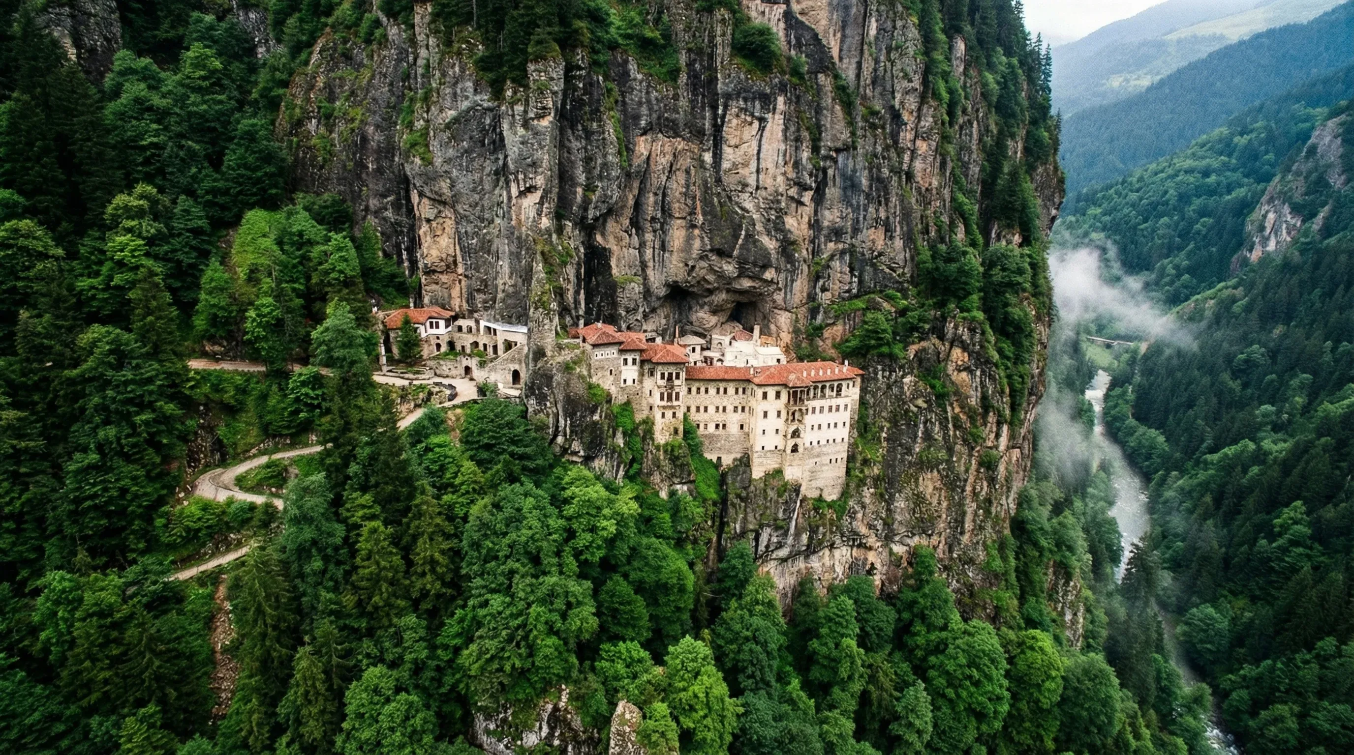 The Sumela Monastery built into a steep cliff side surrounded by green forest in the Pontic Mountains.