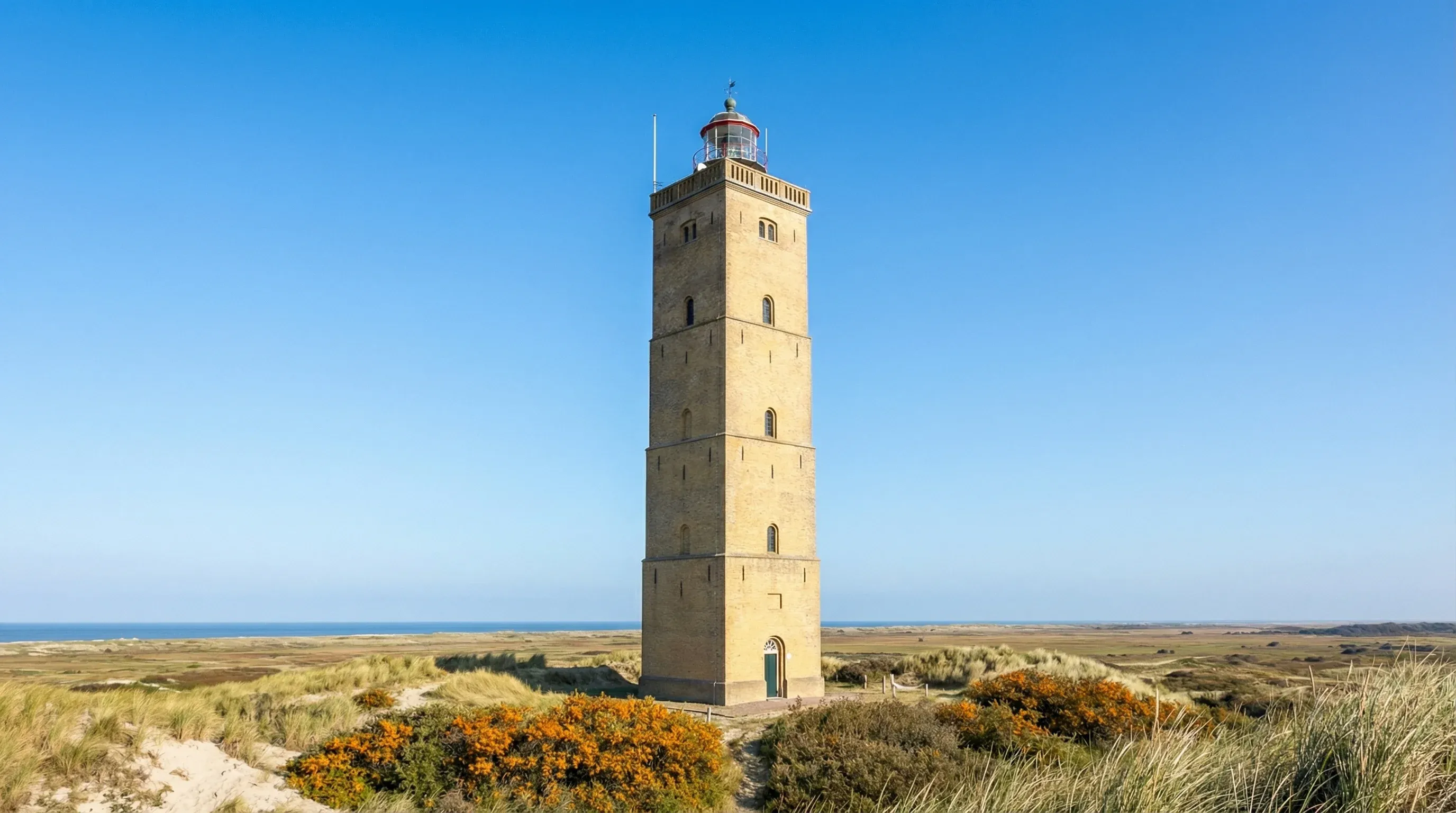 The Brandaris lighthouse on the island of Terschelling, a tall square brick tower under a bright blue sky.
