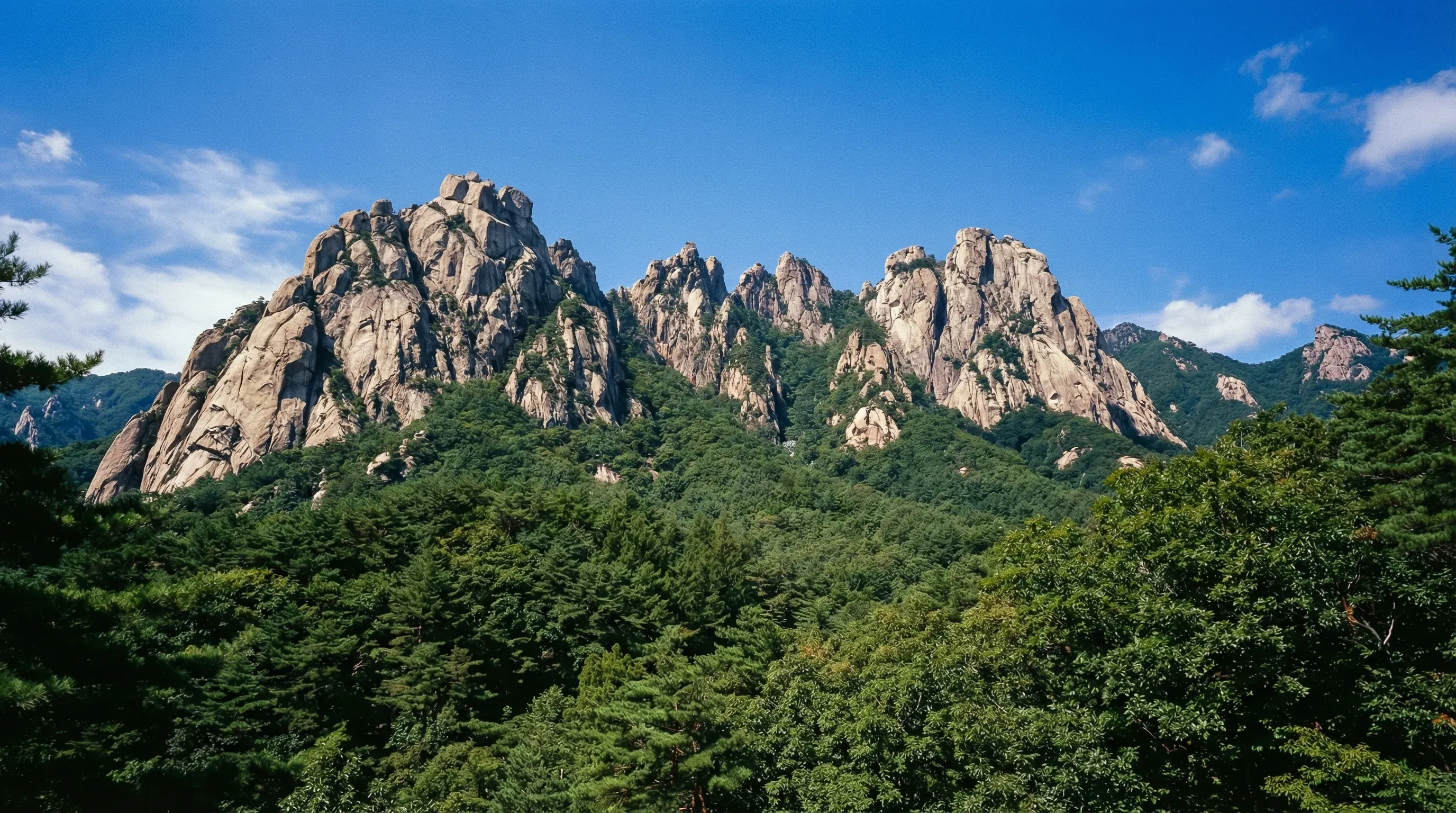 The massive granite peaks of Ulsanbawi Rock rising above a green forest in Seoraksan National Park under a blue sky.