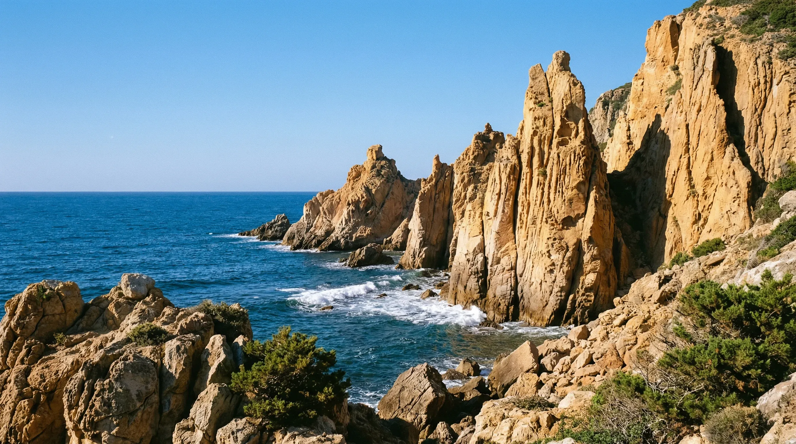 Vertical jagged sandstone rock formations rising from the coastline in Tabarka, Tunisia.