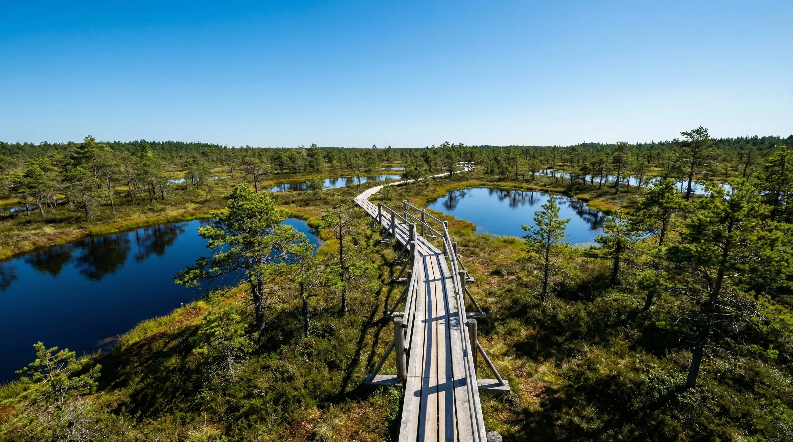 A wooden boardwalk winding through the pine trees and dark water pools of Viru Bog in Lahemaa.