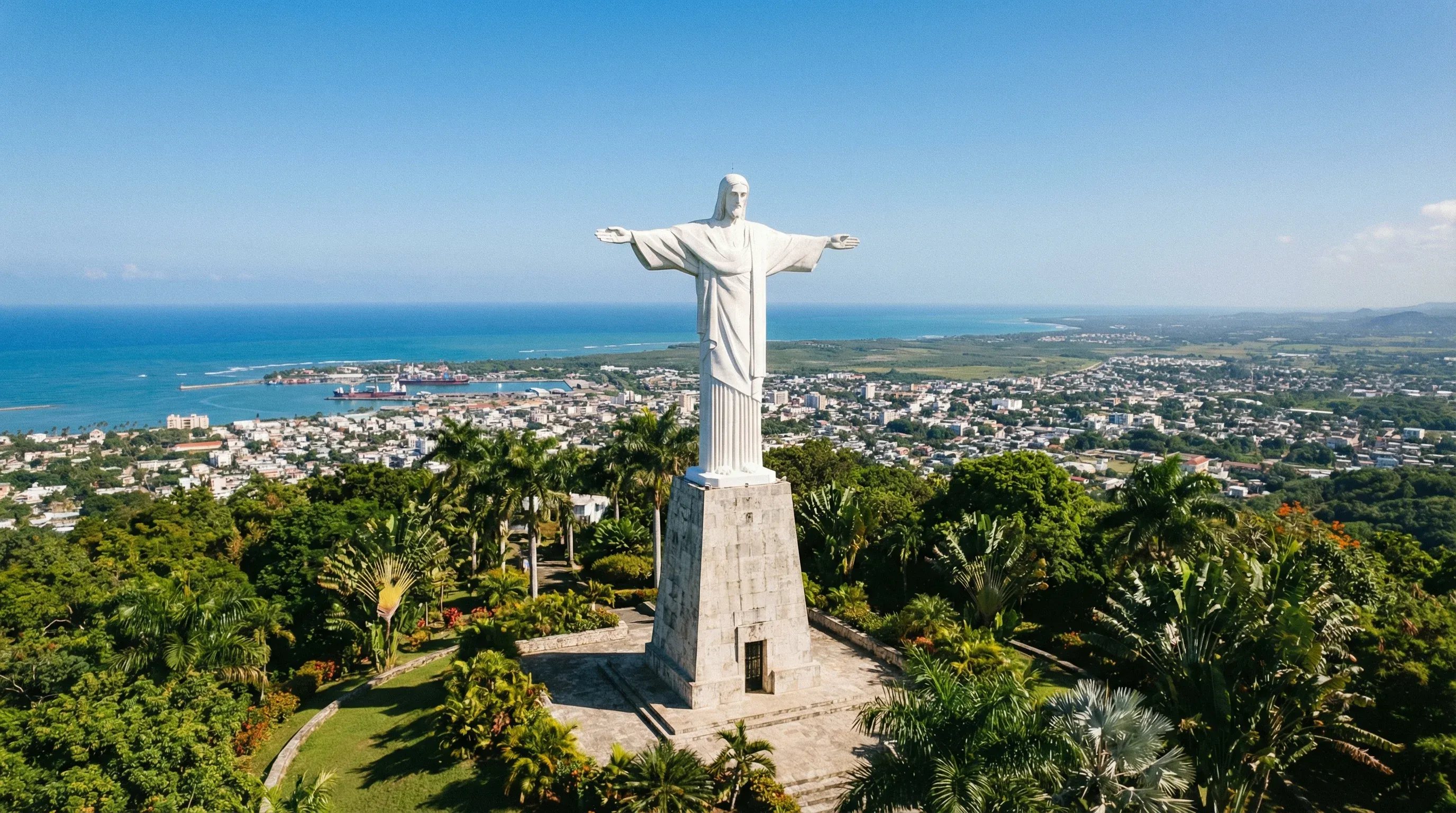 The Christ the Redeemer statue on Mount Isabel de Torres overlooking the city and coastline of Puerto Plata.