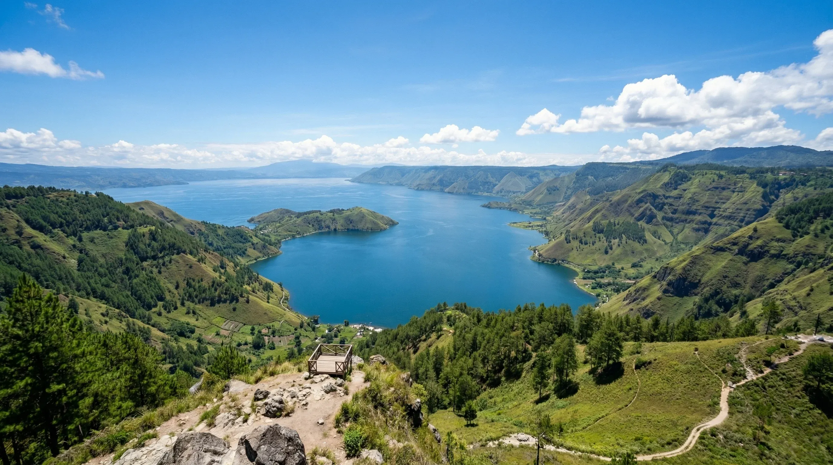 A wide view of Lake Toba from a high elevation, showing the vast volcanic crater lake and Samosir Island.