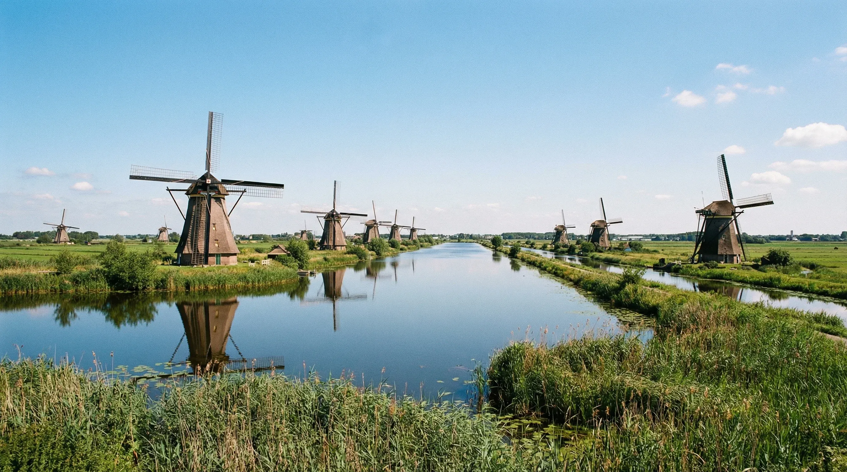 A row of historic drainage windmills at Kinderdijk in South Holland under a clear sky.