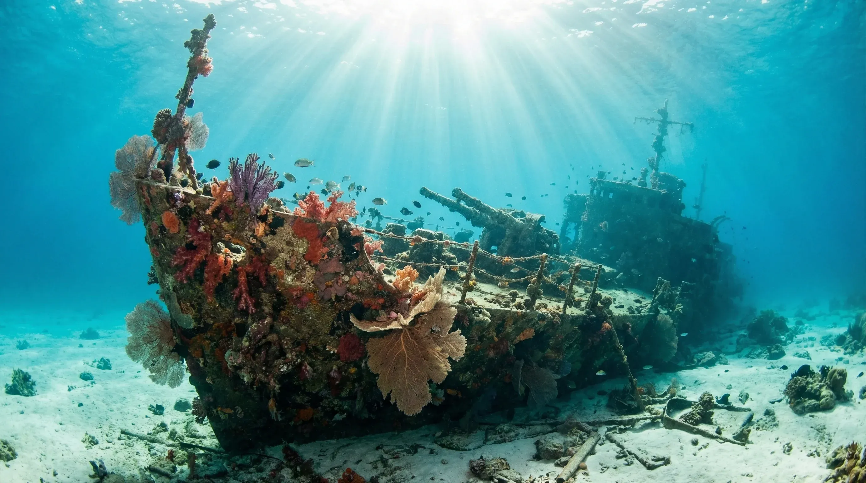 An underwater view of the coral-covered Fujikawa Maru shipwreck resting on the seabed in the clear waters of Truk Lagoon.