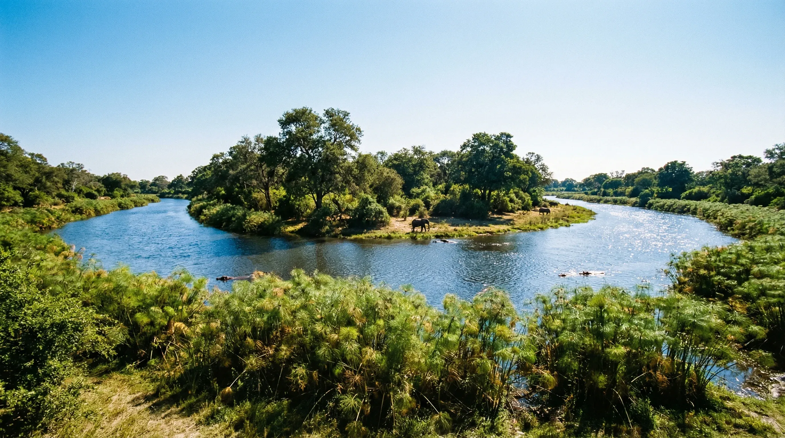 A wide aerial view of the Kwando River curving in a horseshoe shape through green wetlands and forests in Namibia.