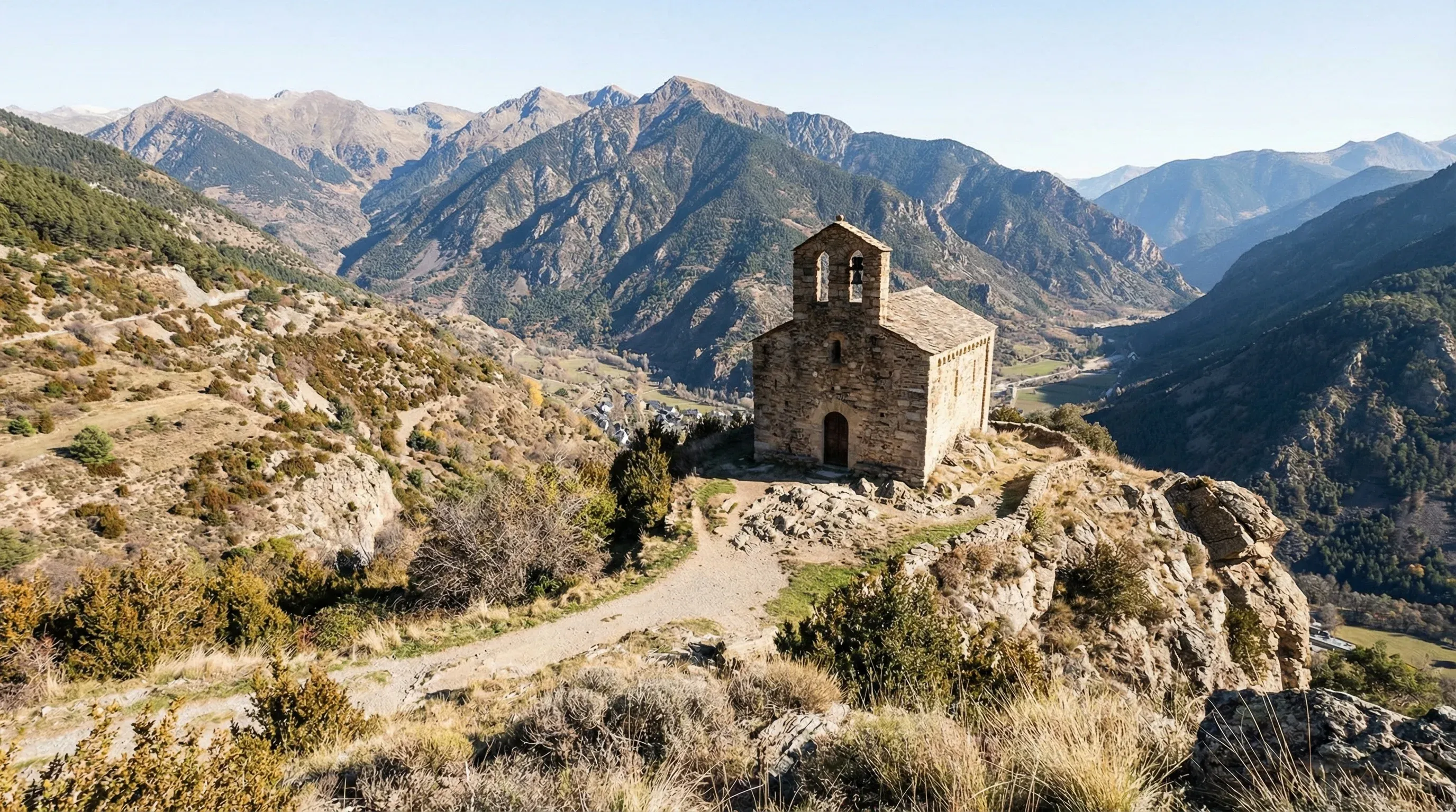A small Romanesque stone church sits on a cliffside overlooking a wide mountain valley in southern Andorra during a clear day.