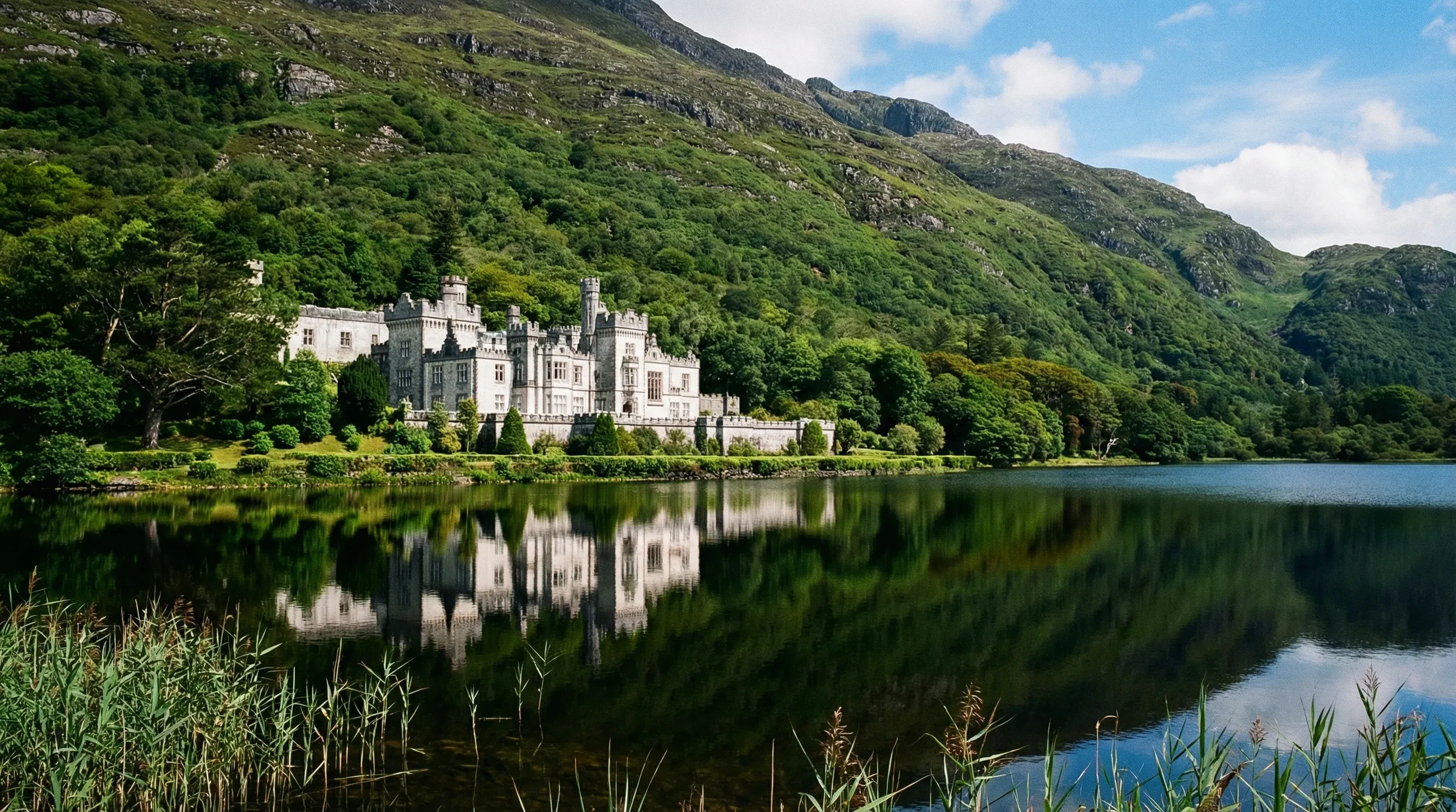 Kylemore Abbey, a large white stone estate, reflected in a still lake at the foot of a green mountain in Connemara.