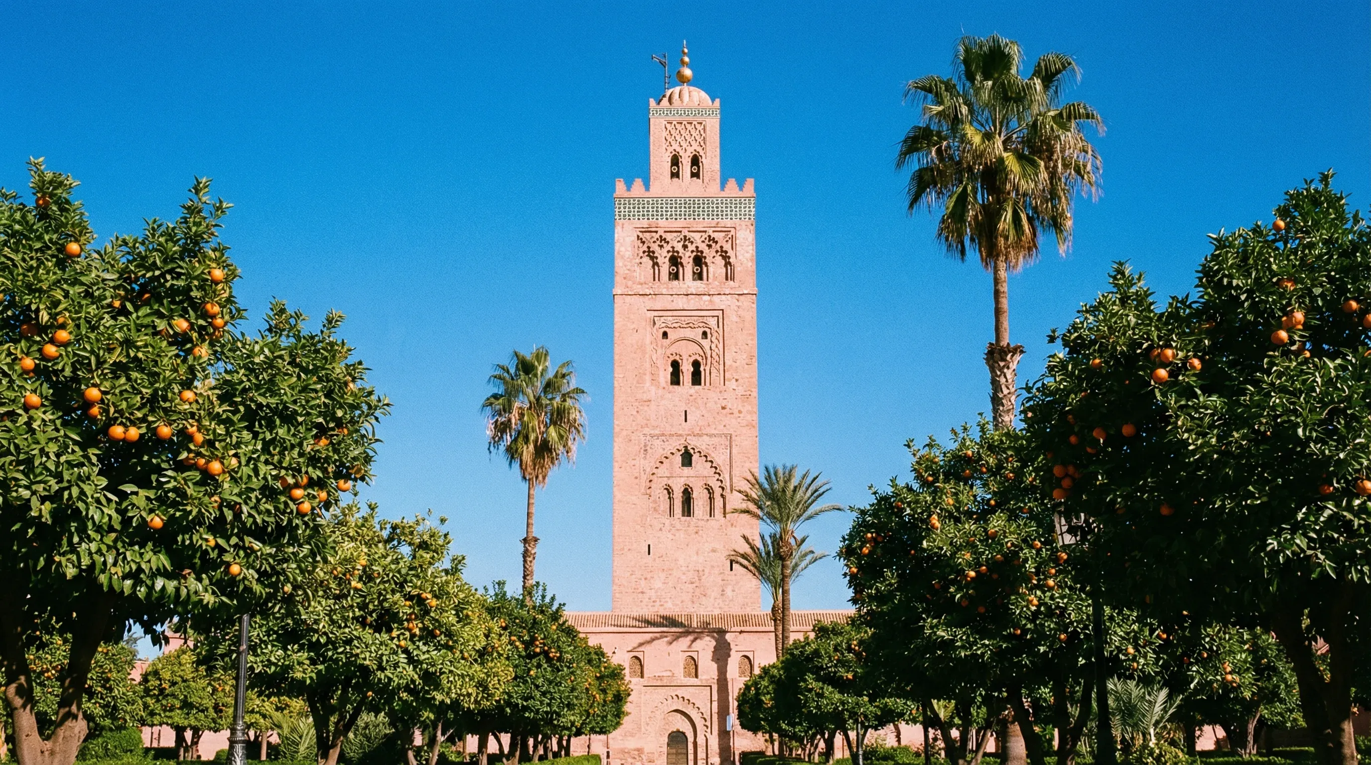 The tall red sandstone minaret of the Koutoubia Mosque rises above green garden trees in Marrakech under a clear sky.