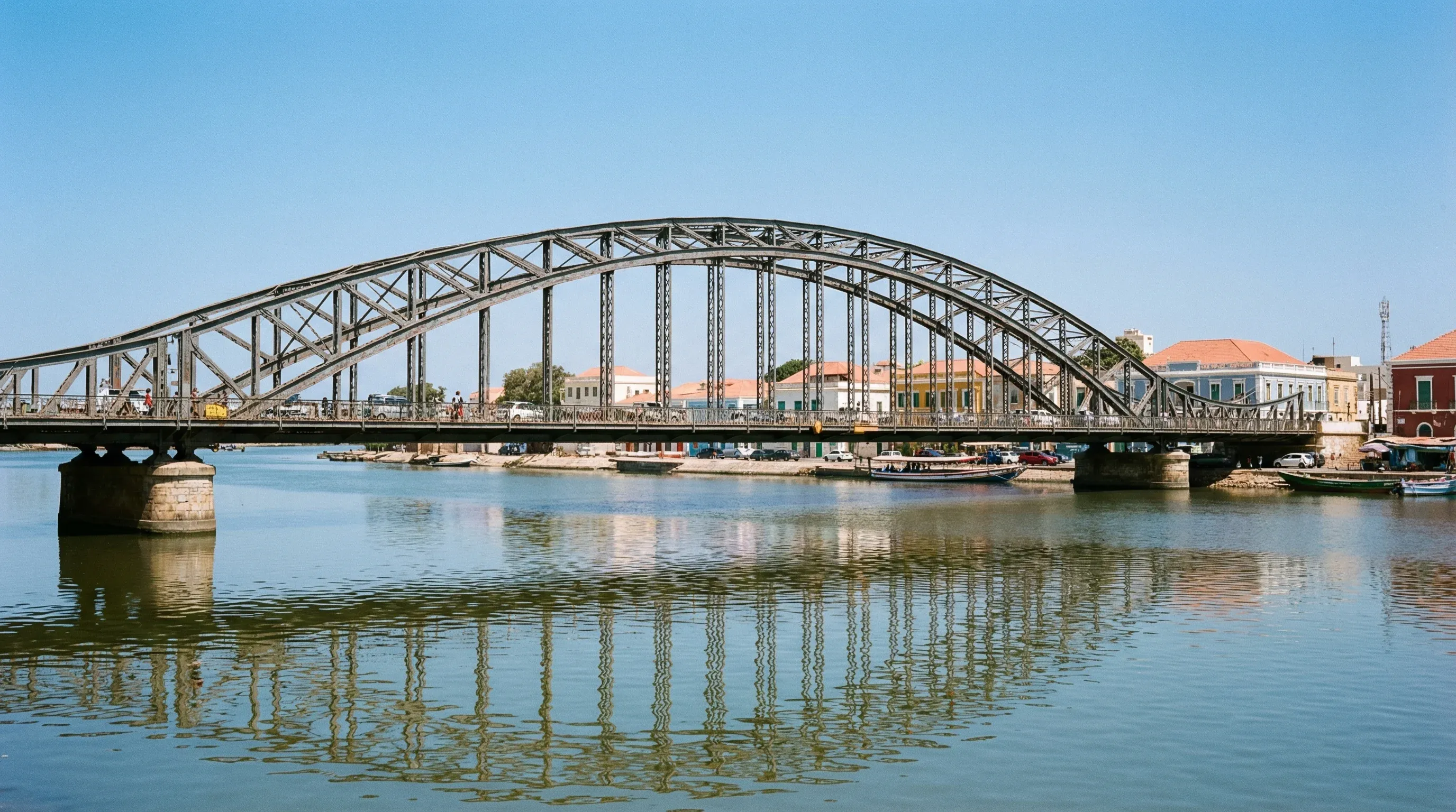 The historic metallic Faidherbe Bridge spanning the Senegal River in Saint-Louis, Senegal.