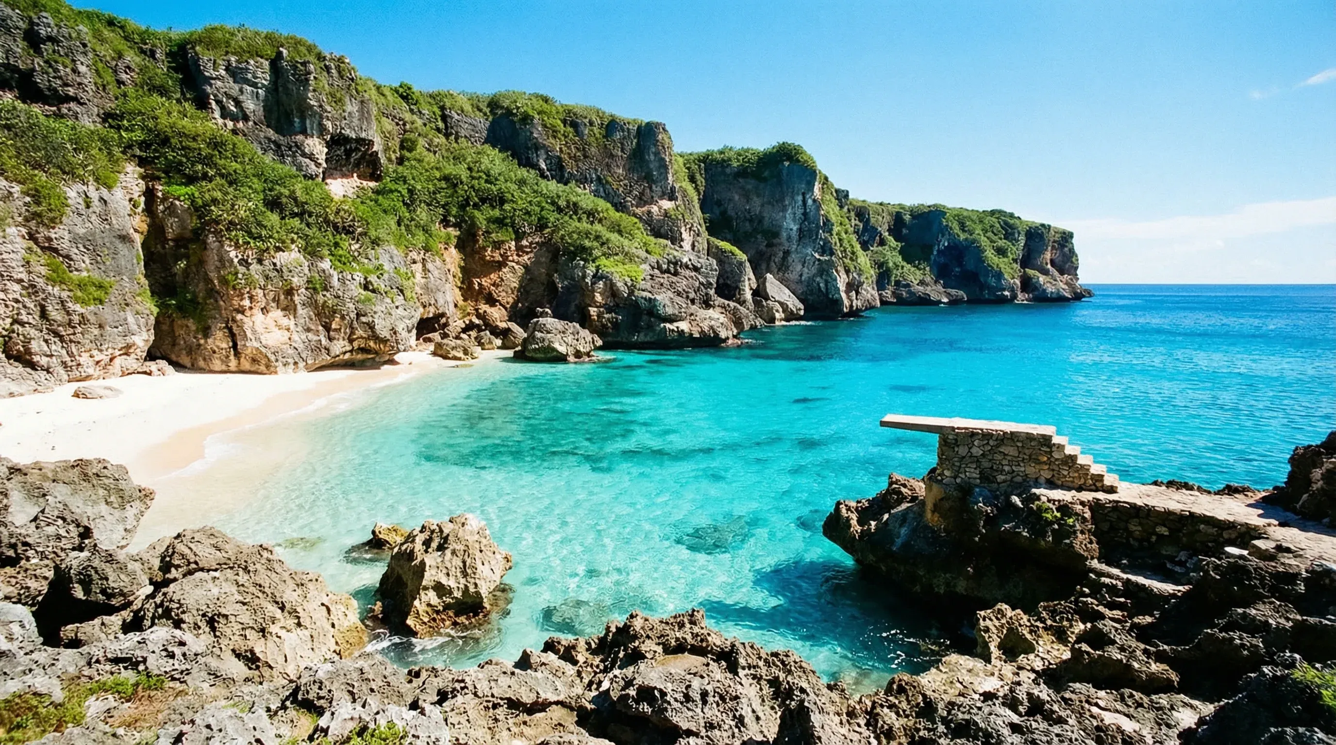 A small white sand beach at Taga Beach on Tinian, enclosed by high limestone cliffs and bright turquoise water.