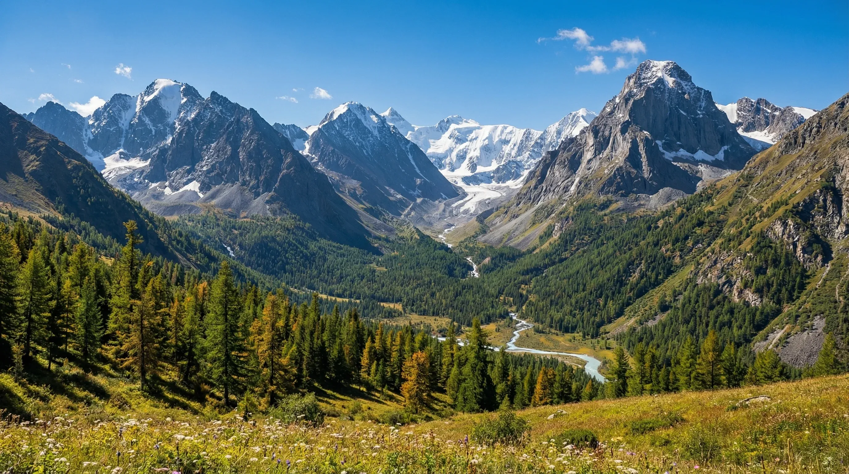 A landscape view of the snow-capped Altai Mountains and larch forests in the East Kazakhstan Region.