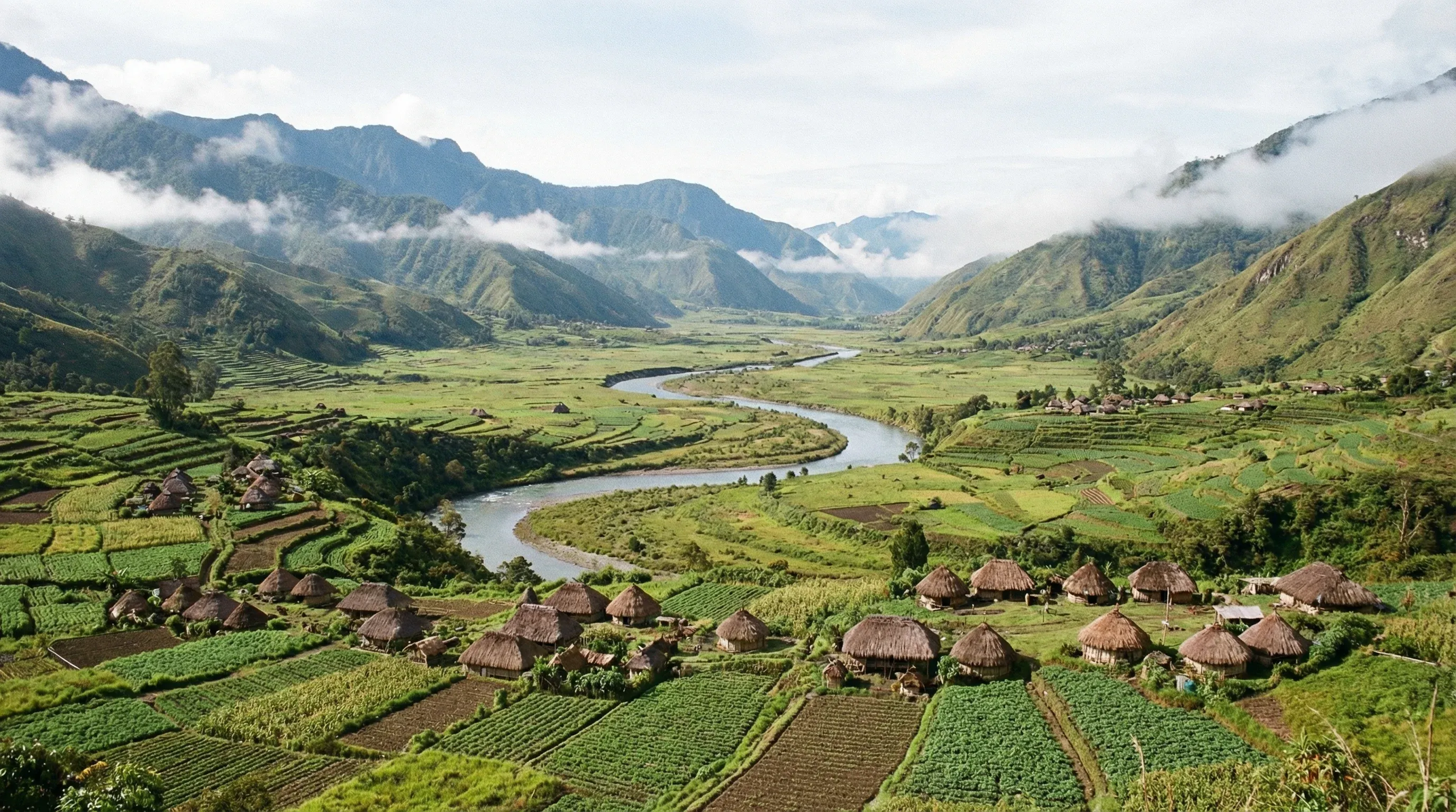 The lush green landscape of the Baliem Valley in Papua, featuring traditional Honai houses with thatched roofs.