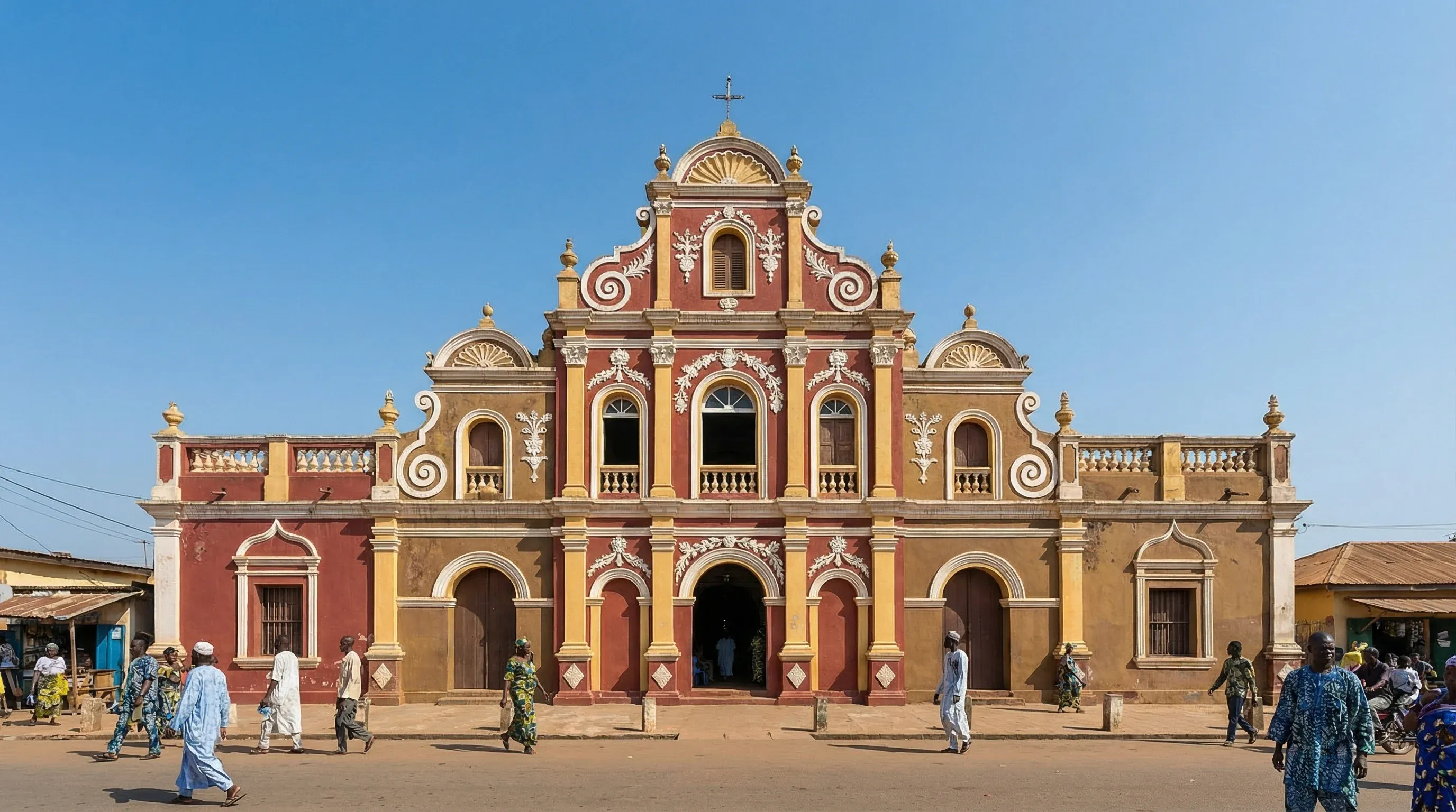 The ornate, colorful Afro-Brazilian facade of the Great Mosque in Porto-Novo, Benin.