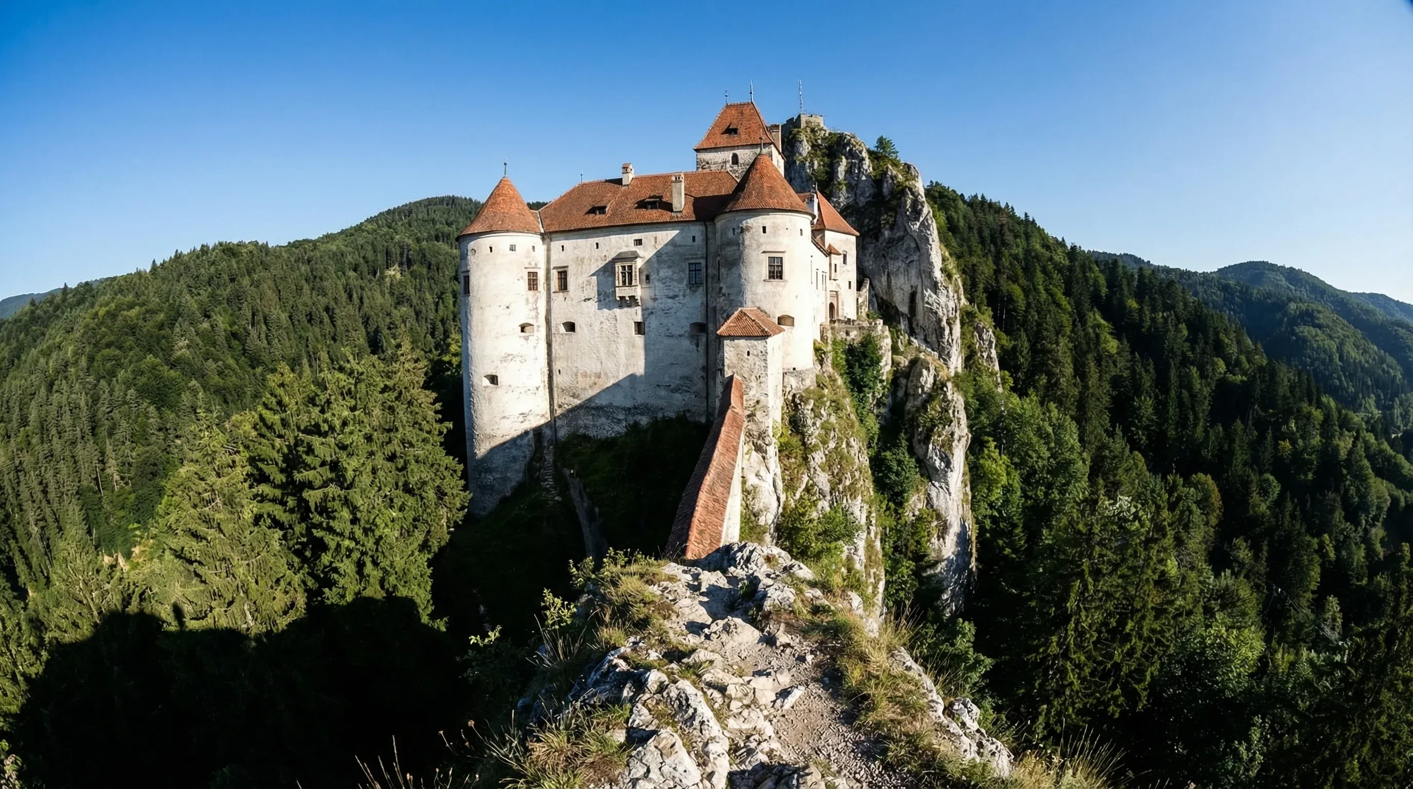 The medieval Bran Castle situated on a rocky cliff surrounded by a pine forest in Transylvania.