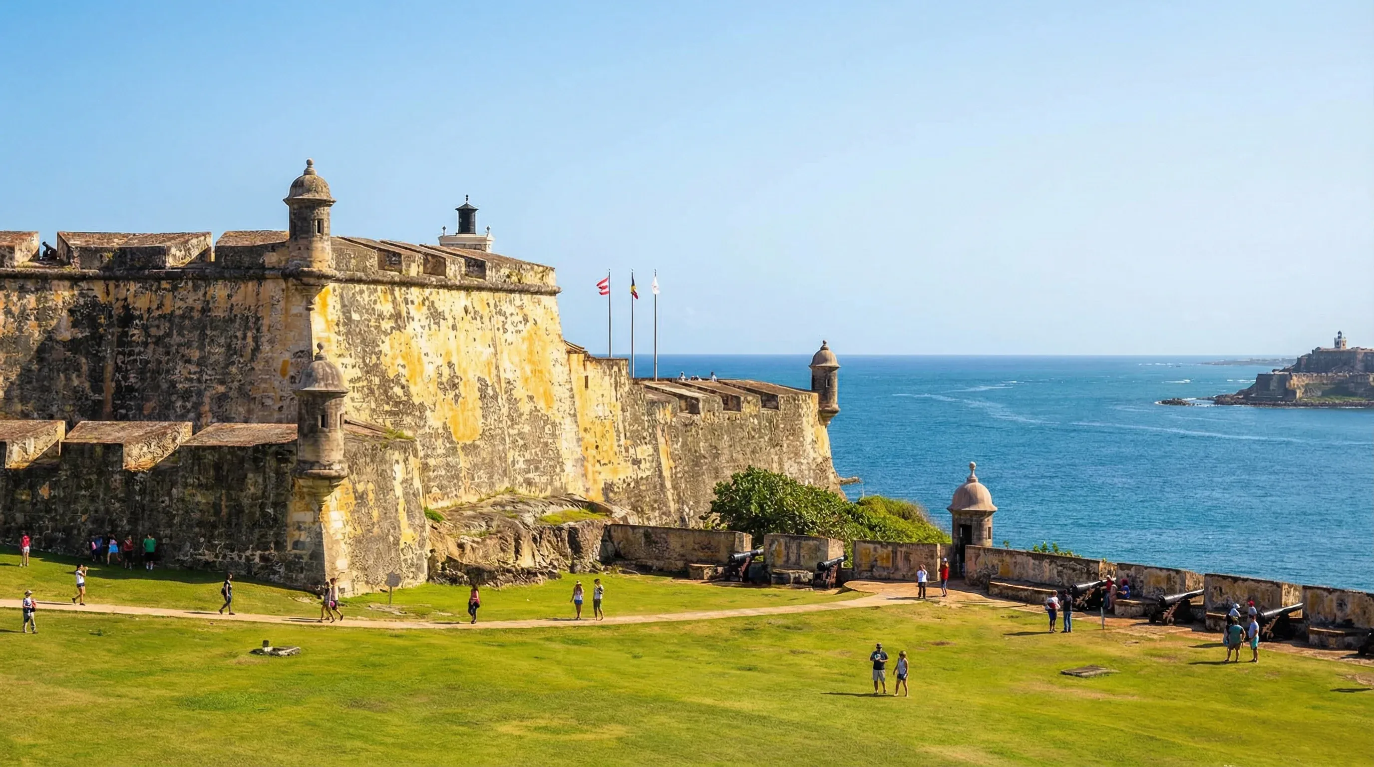 The stone fortifications and sentry boxes of Castillo San Felipe del Morro overlooking the sea in Old San Juan.