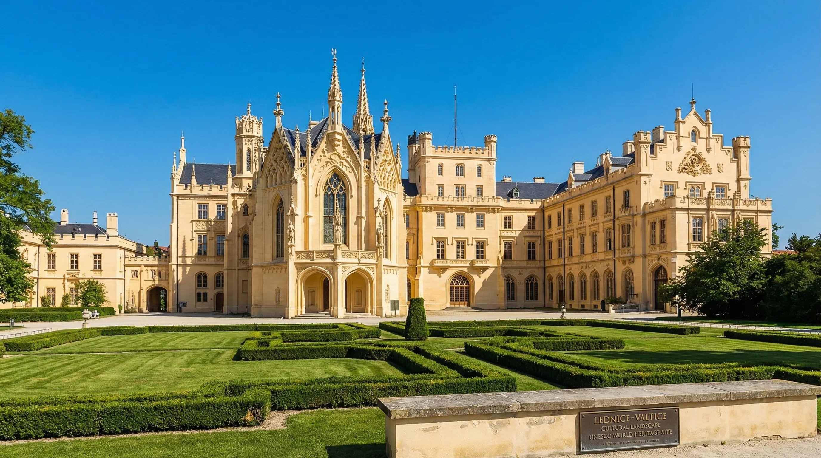 The ornate Neo-Gothic facade of Lednice Castle seen from its formal geometric gardens in South Moravia.