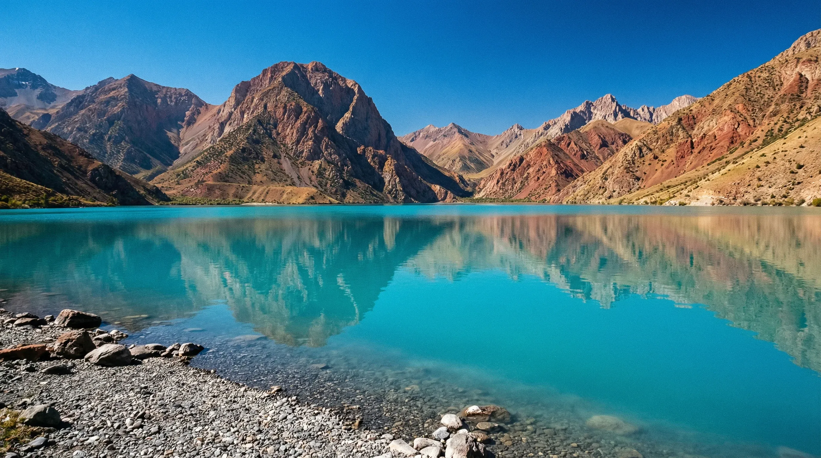 A turquoise mountain lake named Iskanderkul surrounded by the steep, rocky peaks of the Fann Mountains.