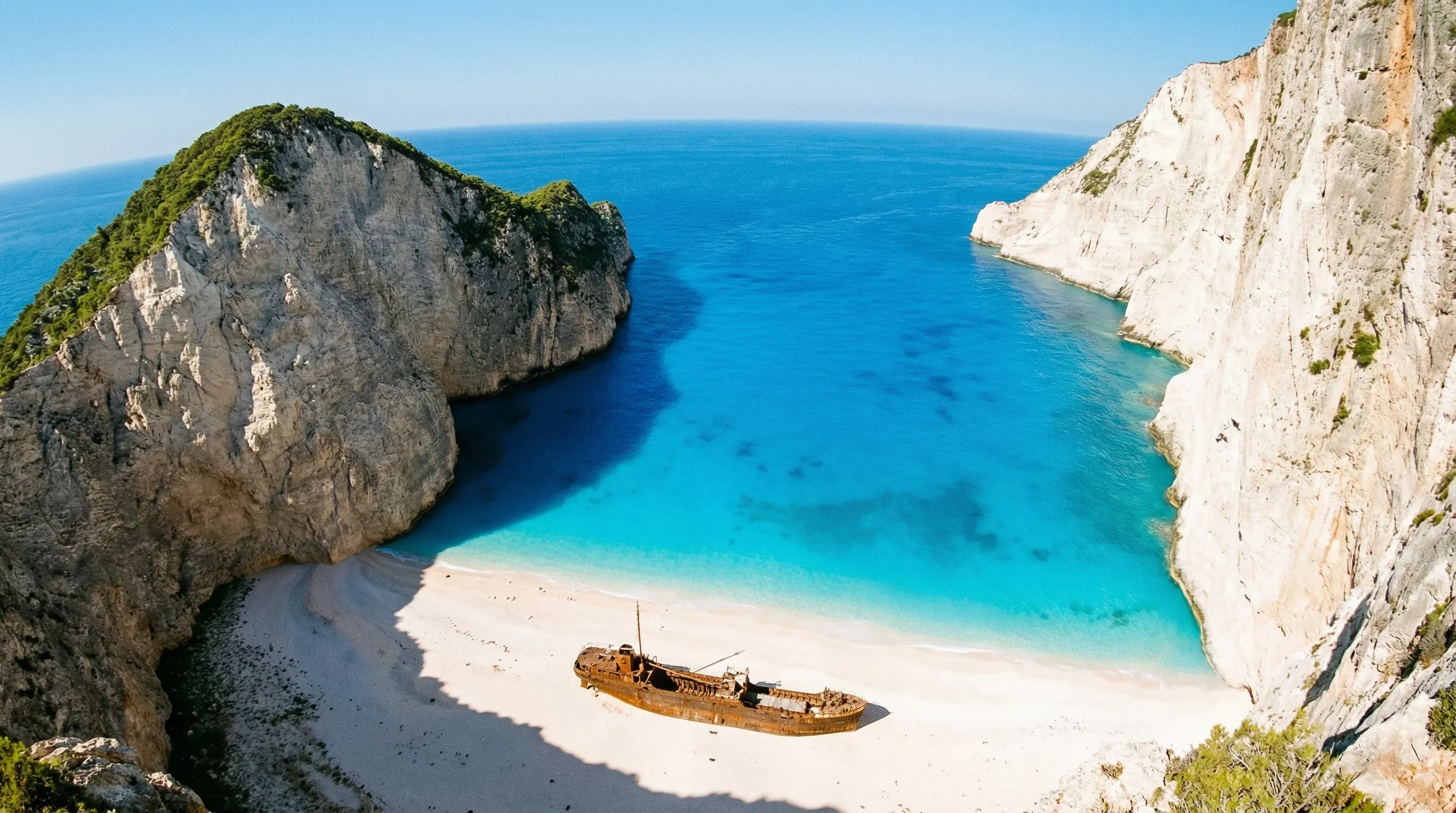 An aerial view of a shipwreck on a white pebble beach surrounded by high white cliffs and blue water.