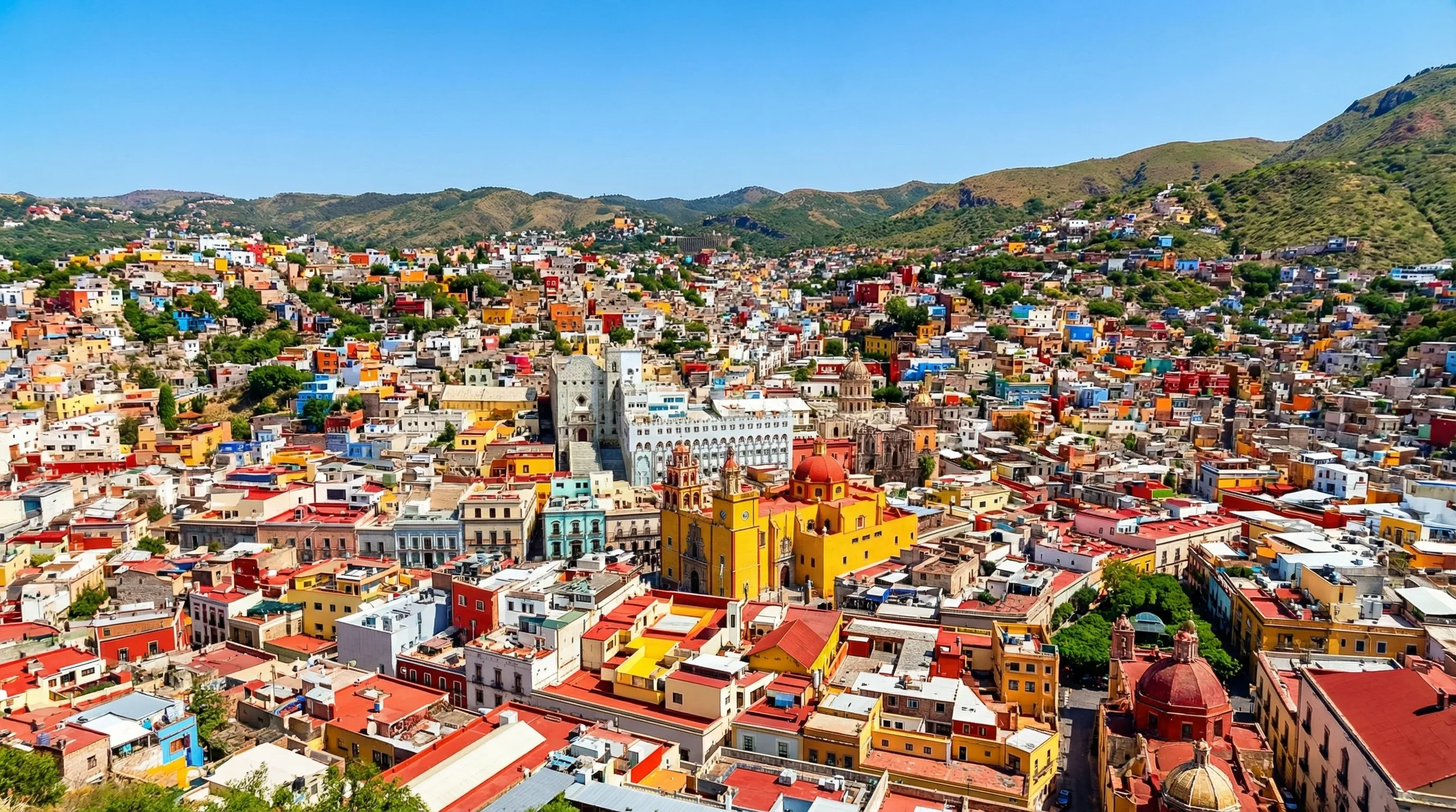 A panoramic view of a valley filled with brightly colored houses and a yellow basilica in Guanajuato.