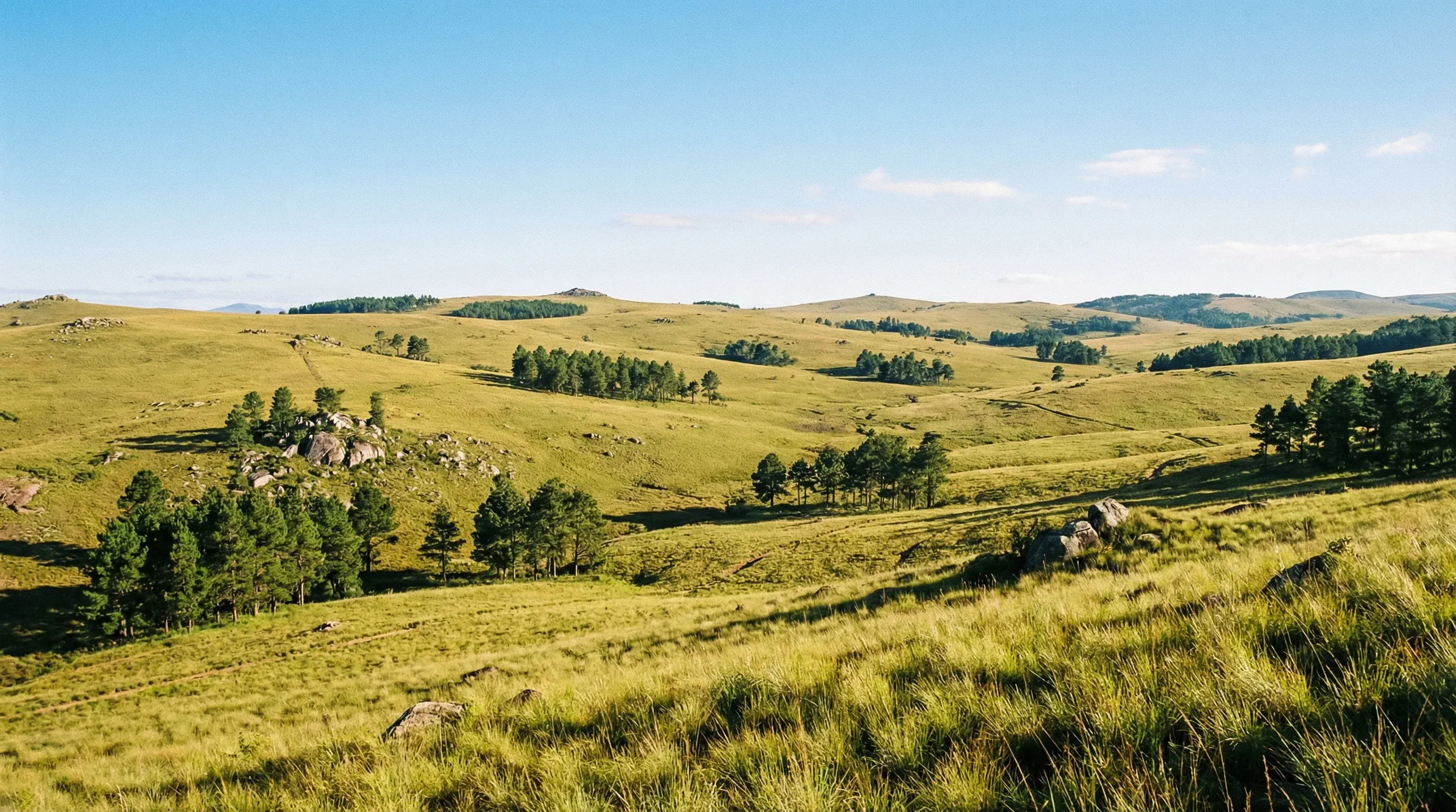 An expansive view of the rolling green montane grasslands and hills of the Nyika Plateau in northern Malawi.