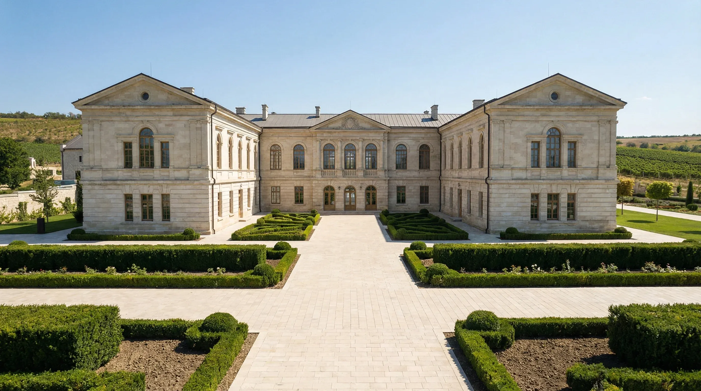 The grand neoclassical stone facade of the Castel Mimi winery and its formal gardens under a clear midday sky.