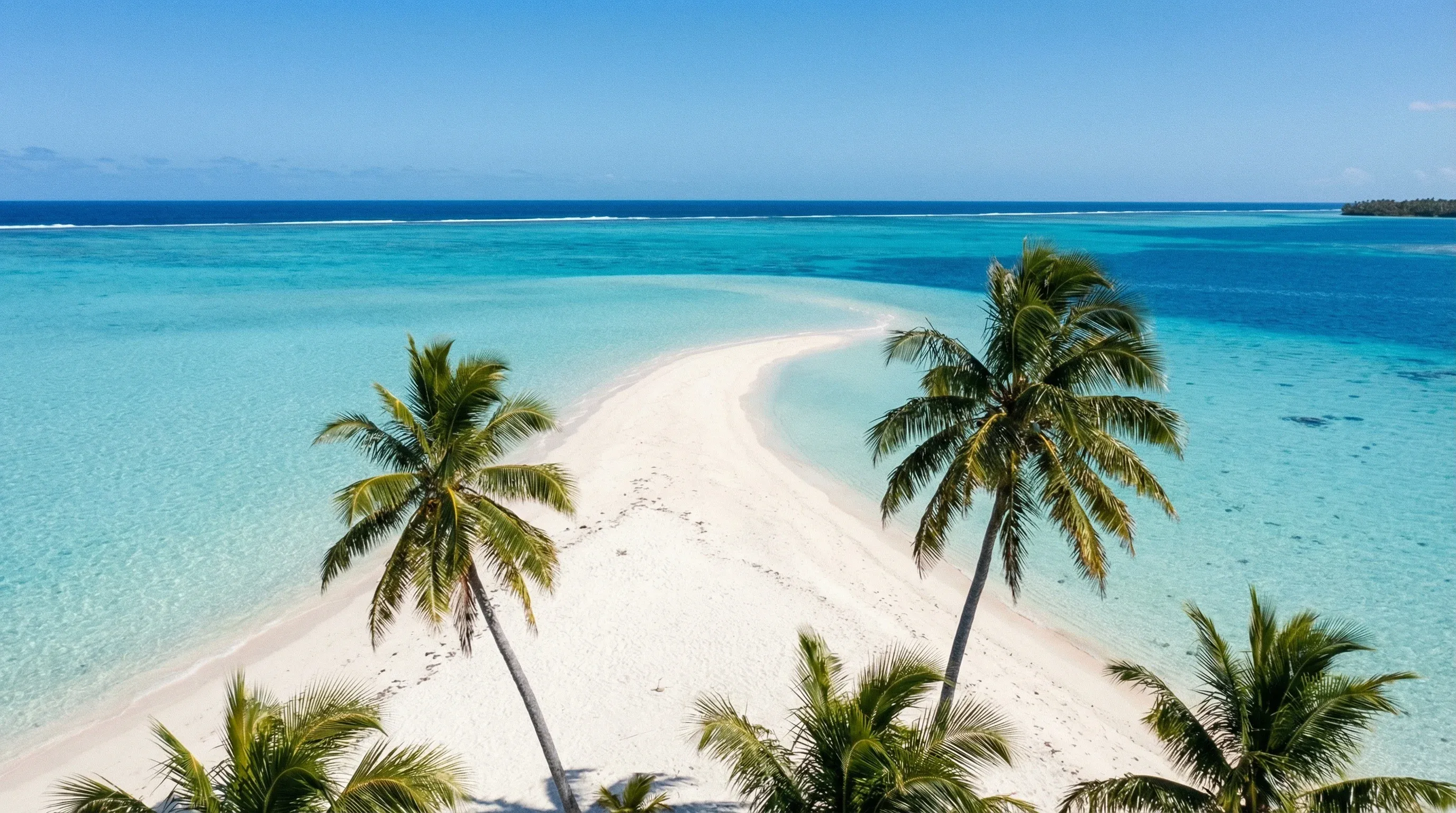 A wide-angle view of One Foot Island and its white sandbar extending into the turquoise waters of Aitutaki Lagoon.